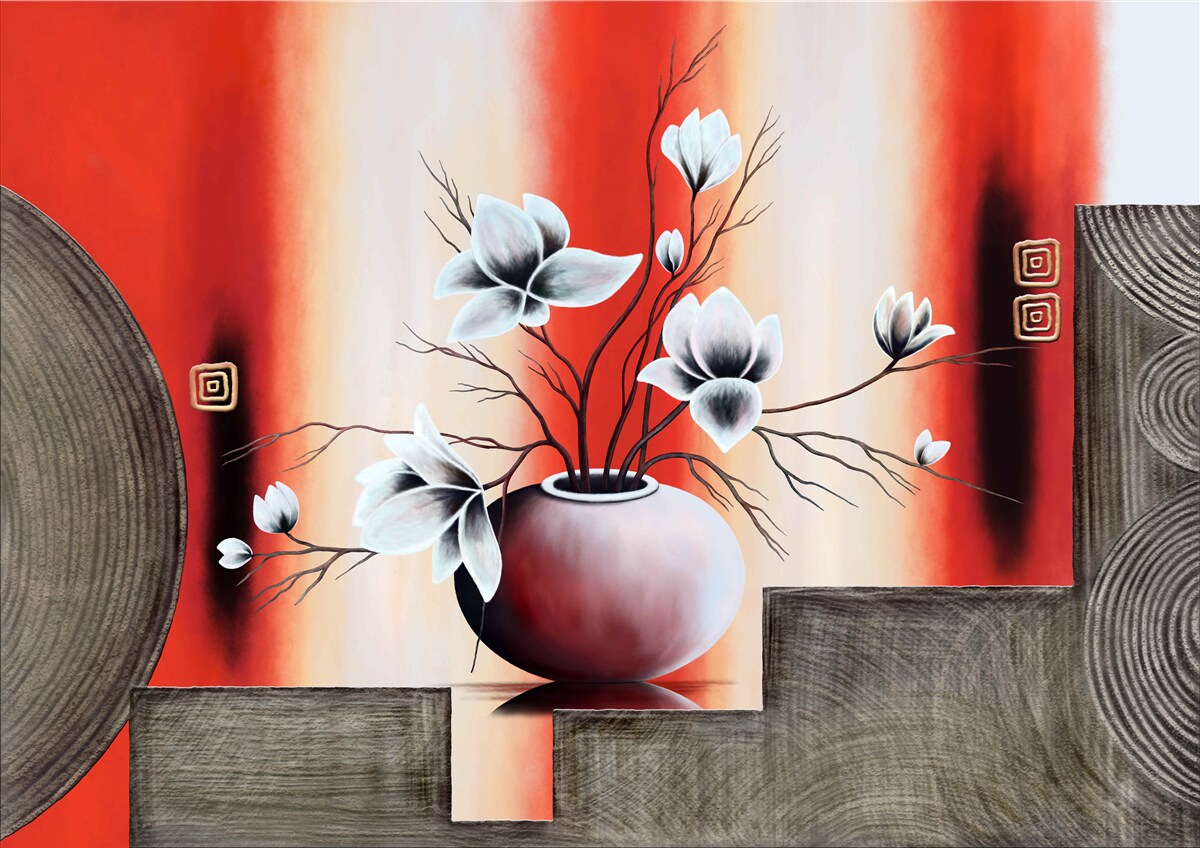 Fotobehang rode vaas met delicate witte bloemen