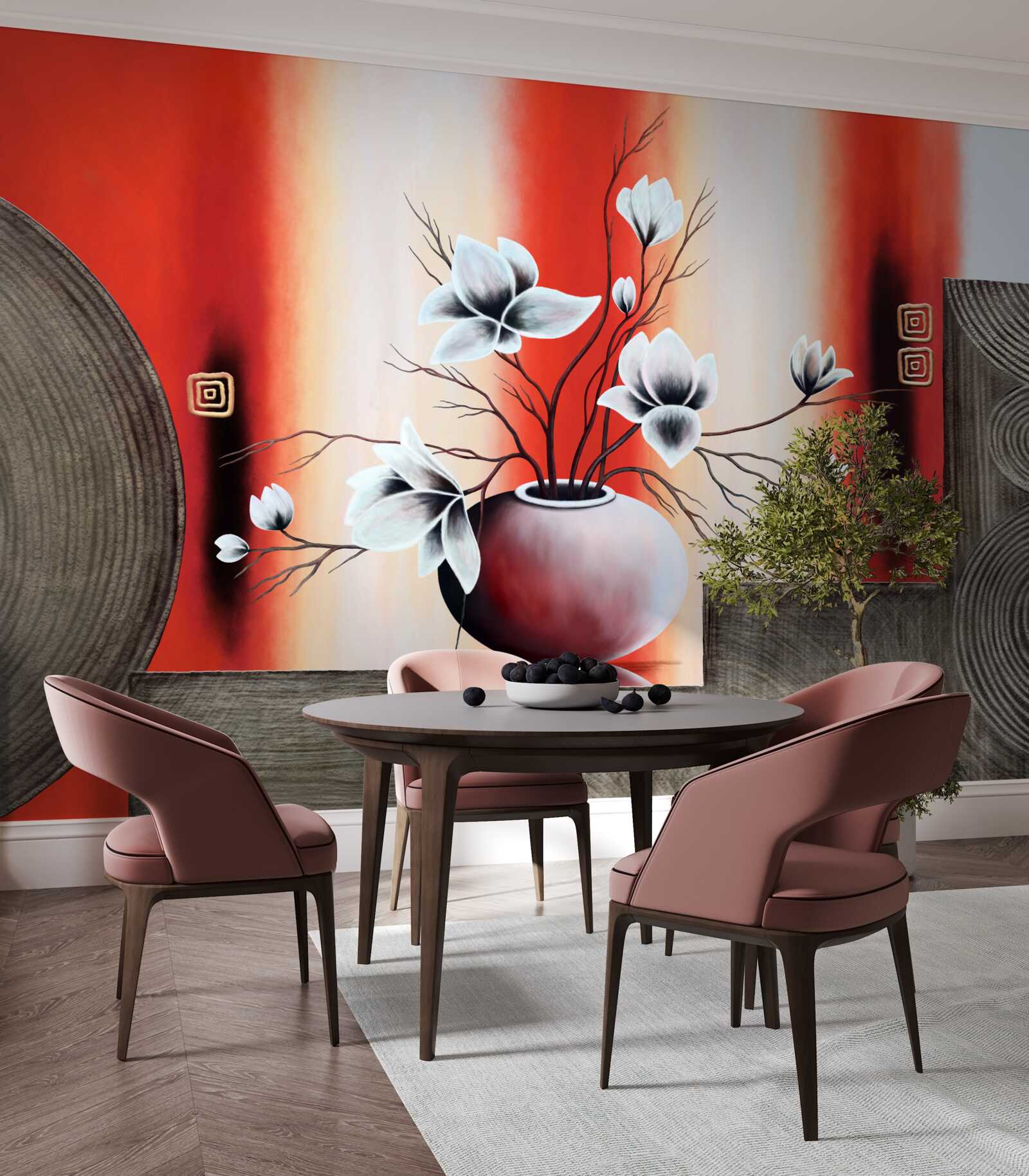 Fotobehang rode vaas met delicate witte bloemen