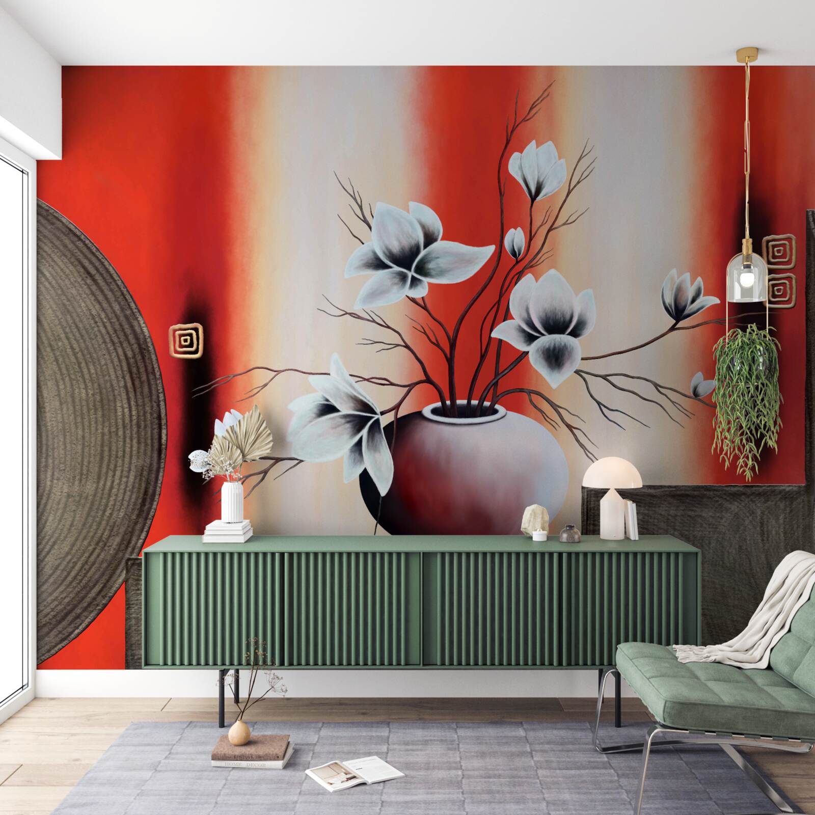 Fotobehang rode vaas met delicate witte bloemen