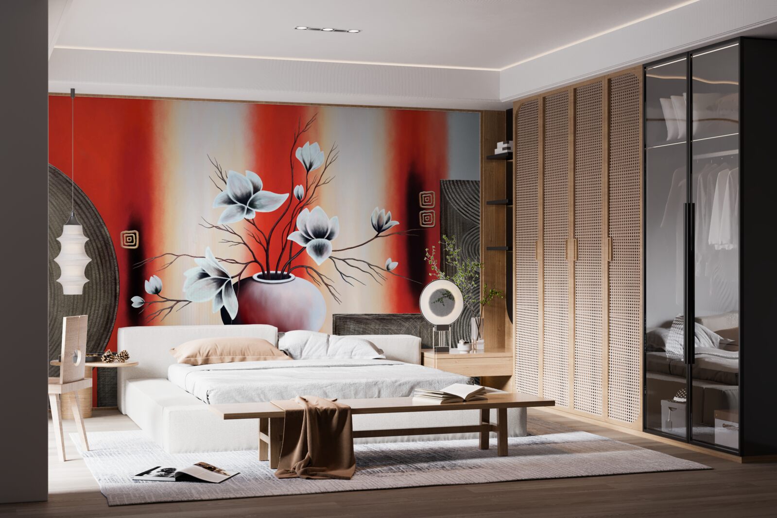 Fotobehang rode vaas met delicate witte bloemen