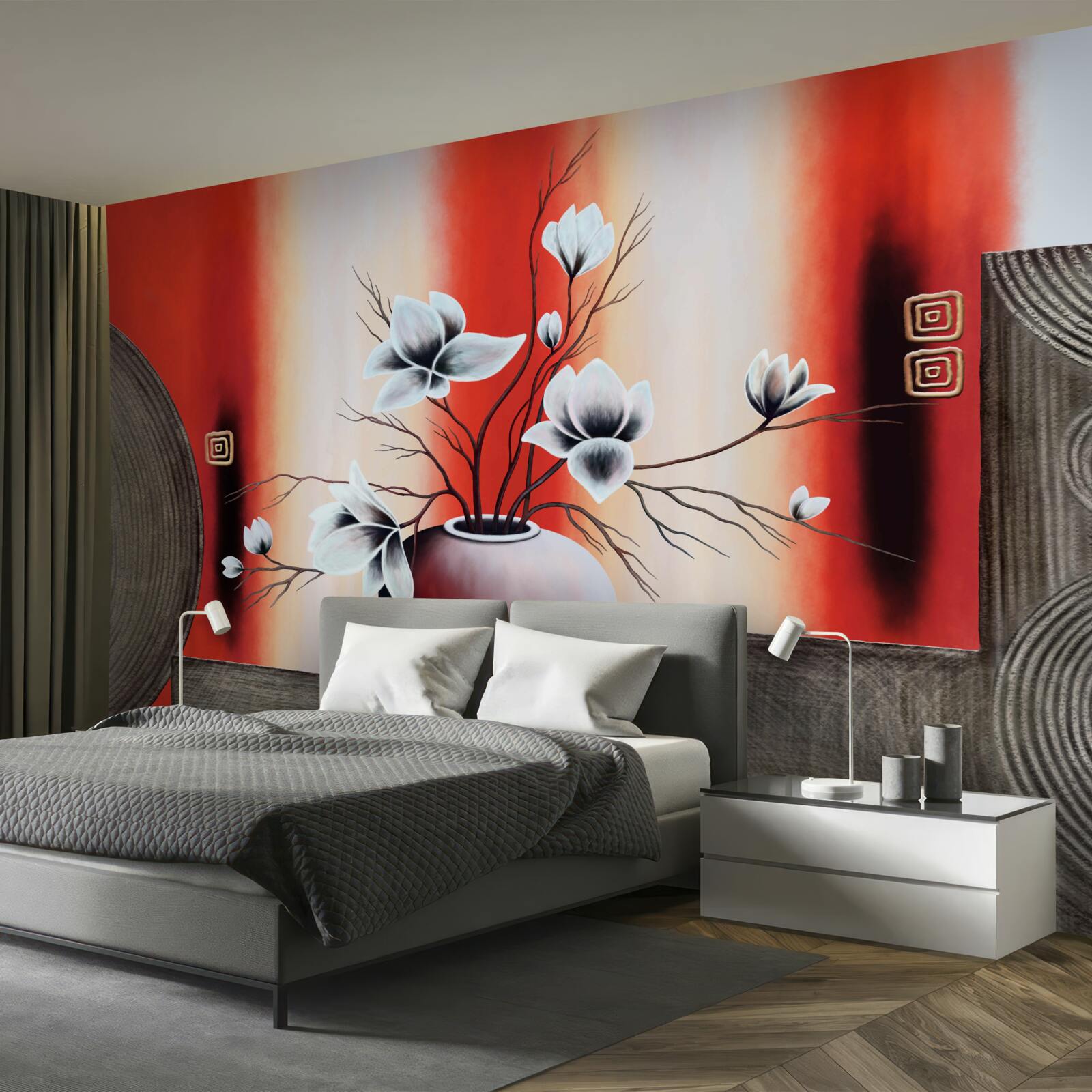 Fotobehang rode vaas met delicate witte bloemen