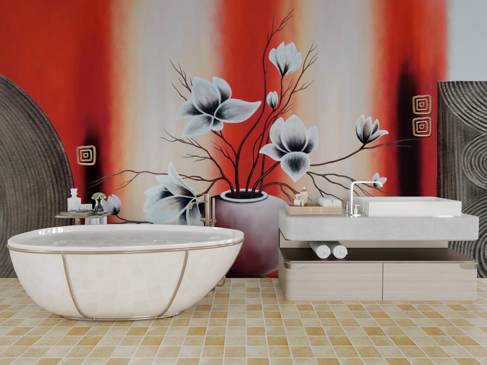 Fotobehang rode vaas met delicate witte bloemen