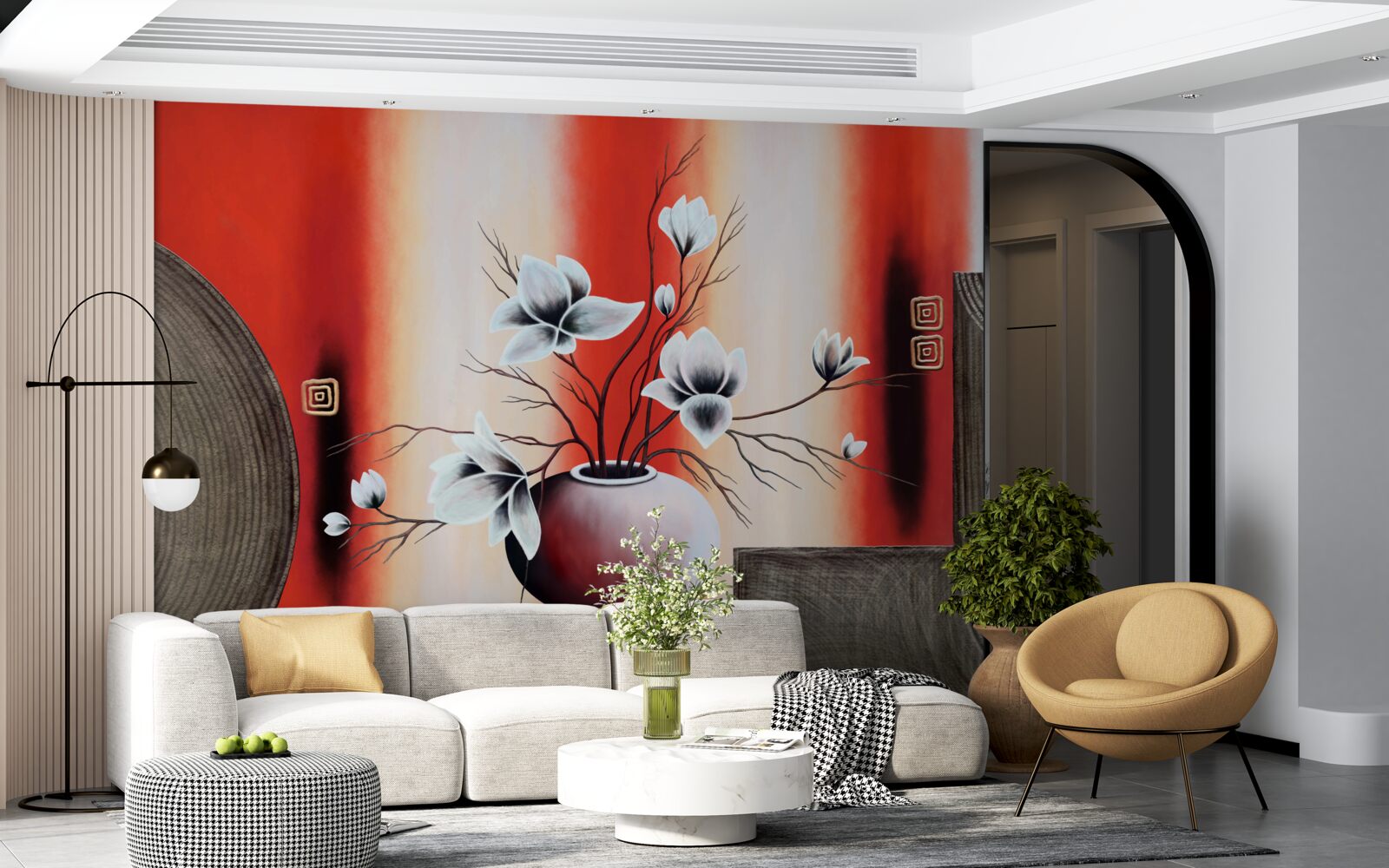 Fotobehang rode vaas met delicate witte bloemen