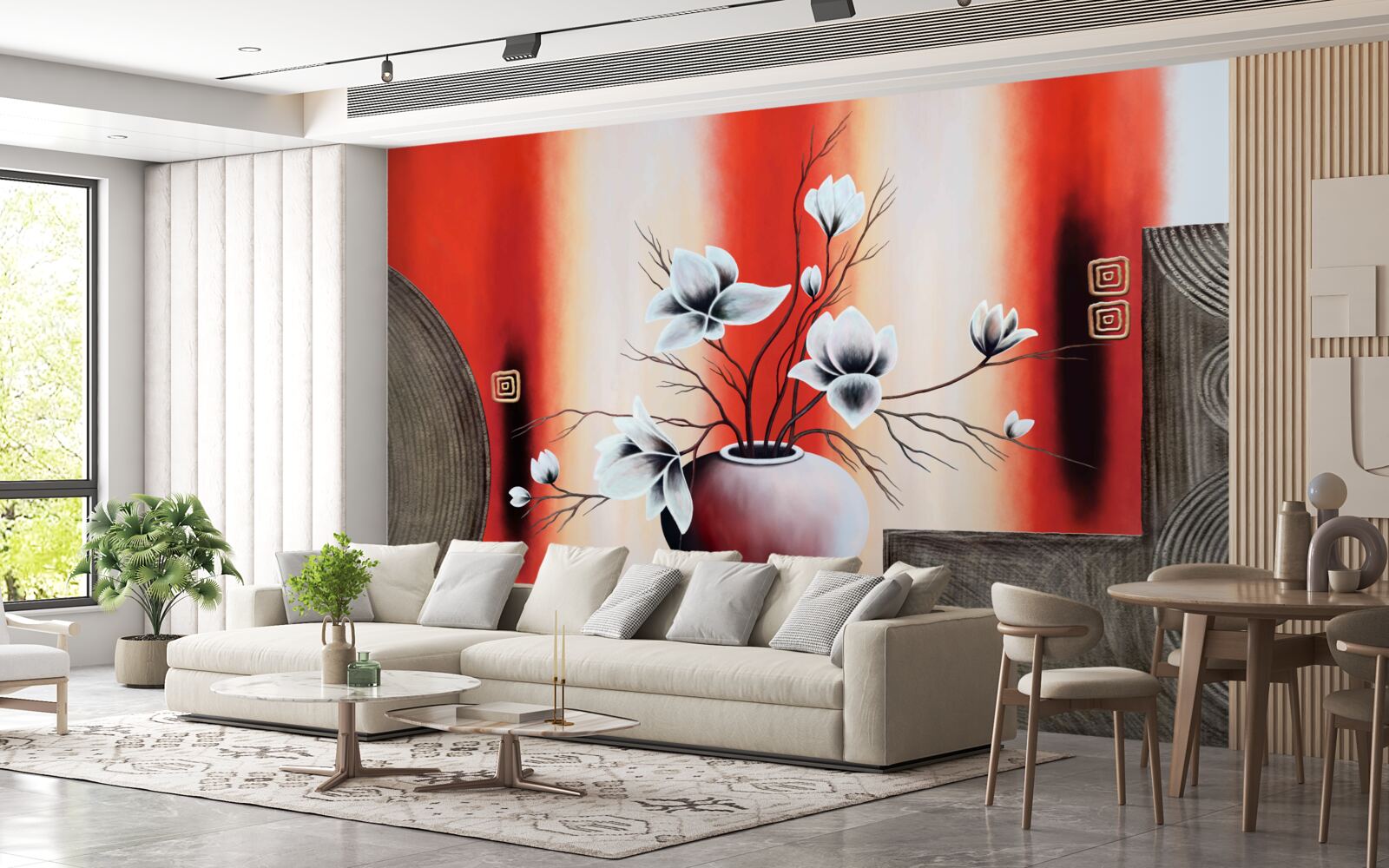 Fotobehang rode vaas met delicate witte bloemen