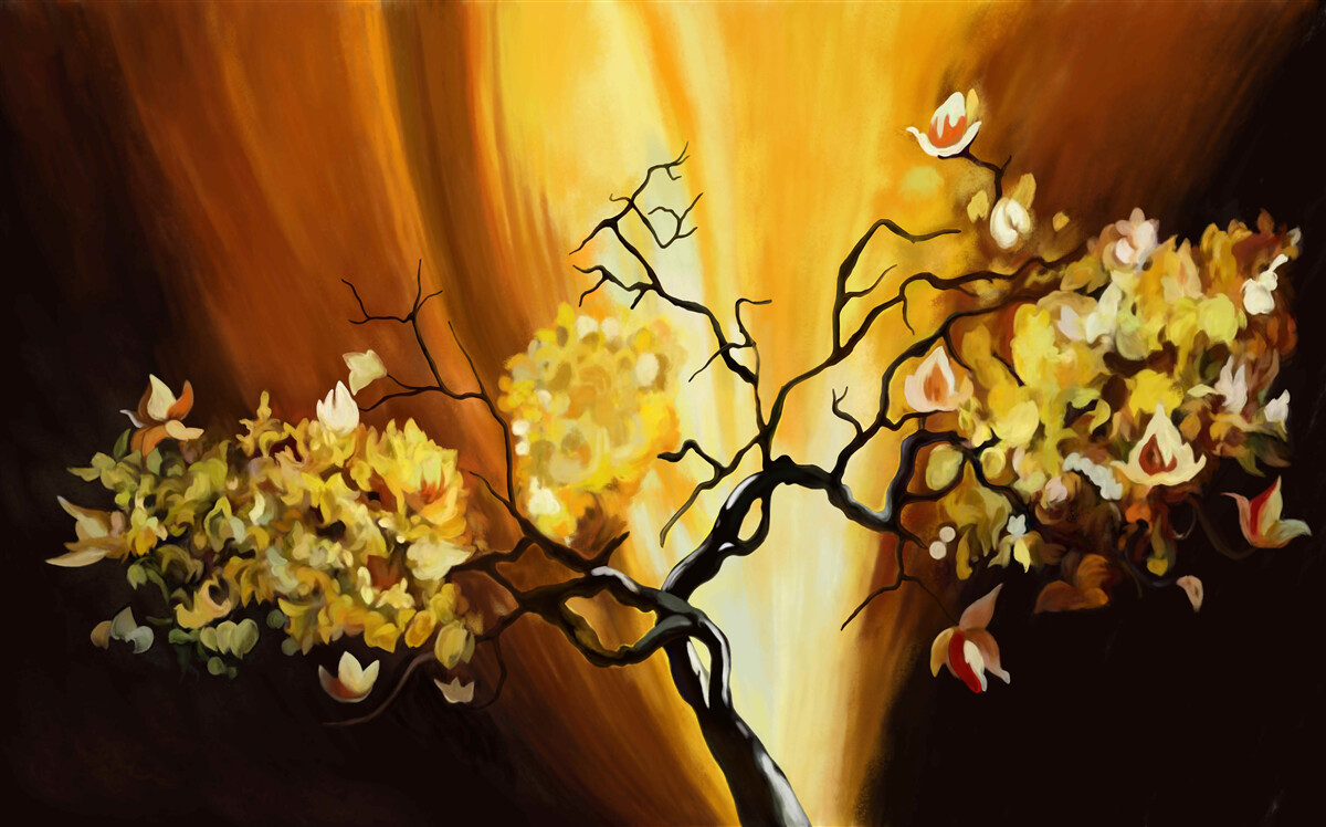 Fotobehang bloeiende boom aan de rand van de zonsondergang