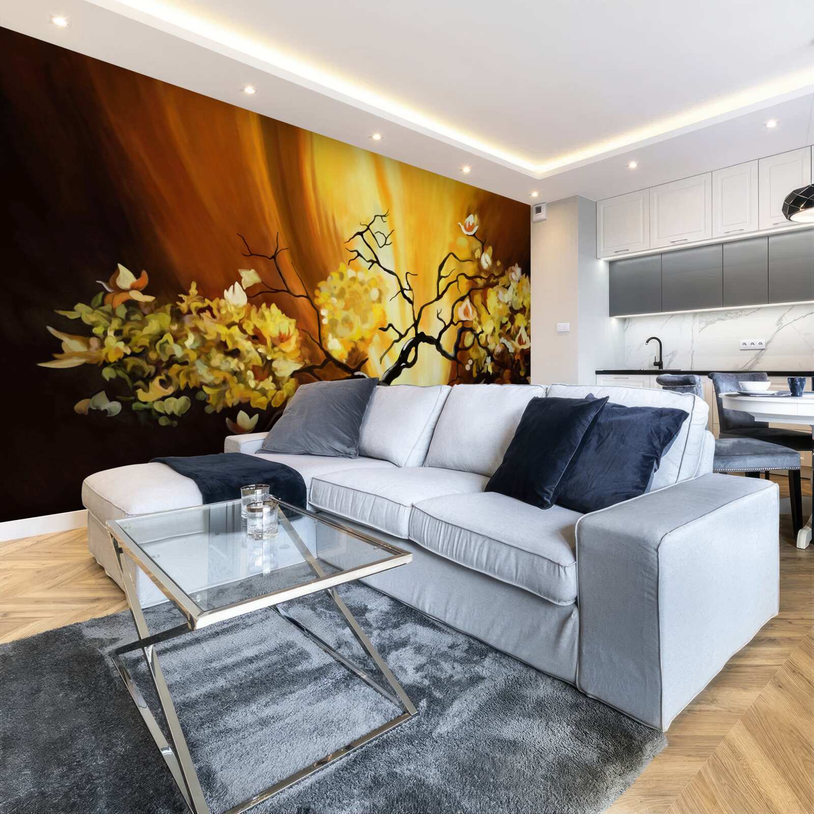 Fotobehang bloeiende boom aan de rand van de zonsondergang