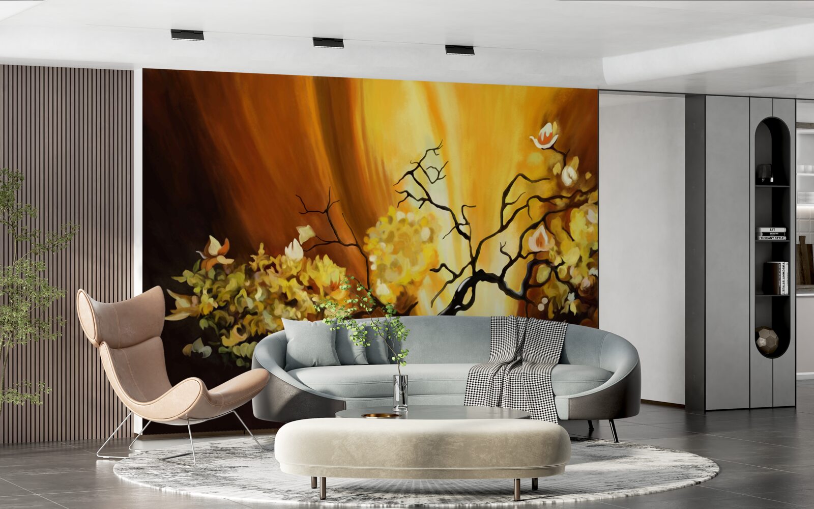 Fotobehang bloeiende boom aan de rand van de zonsondergang