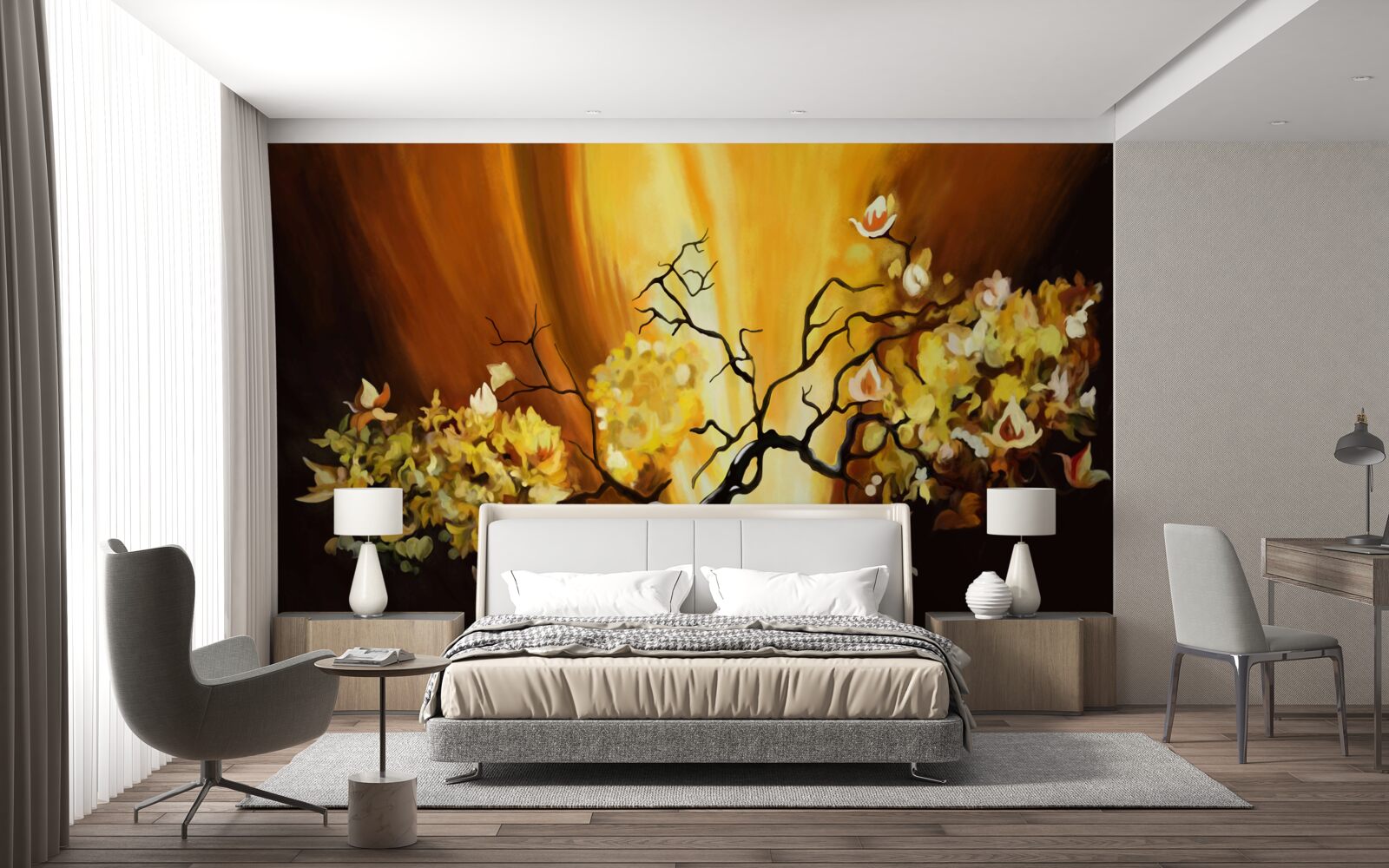 Fotobehang bloeiende boom aan de rand van de zonsondergang