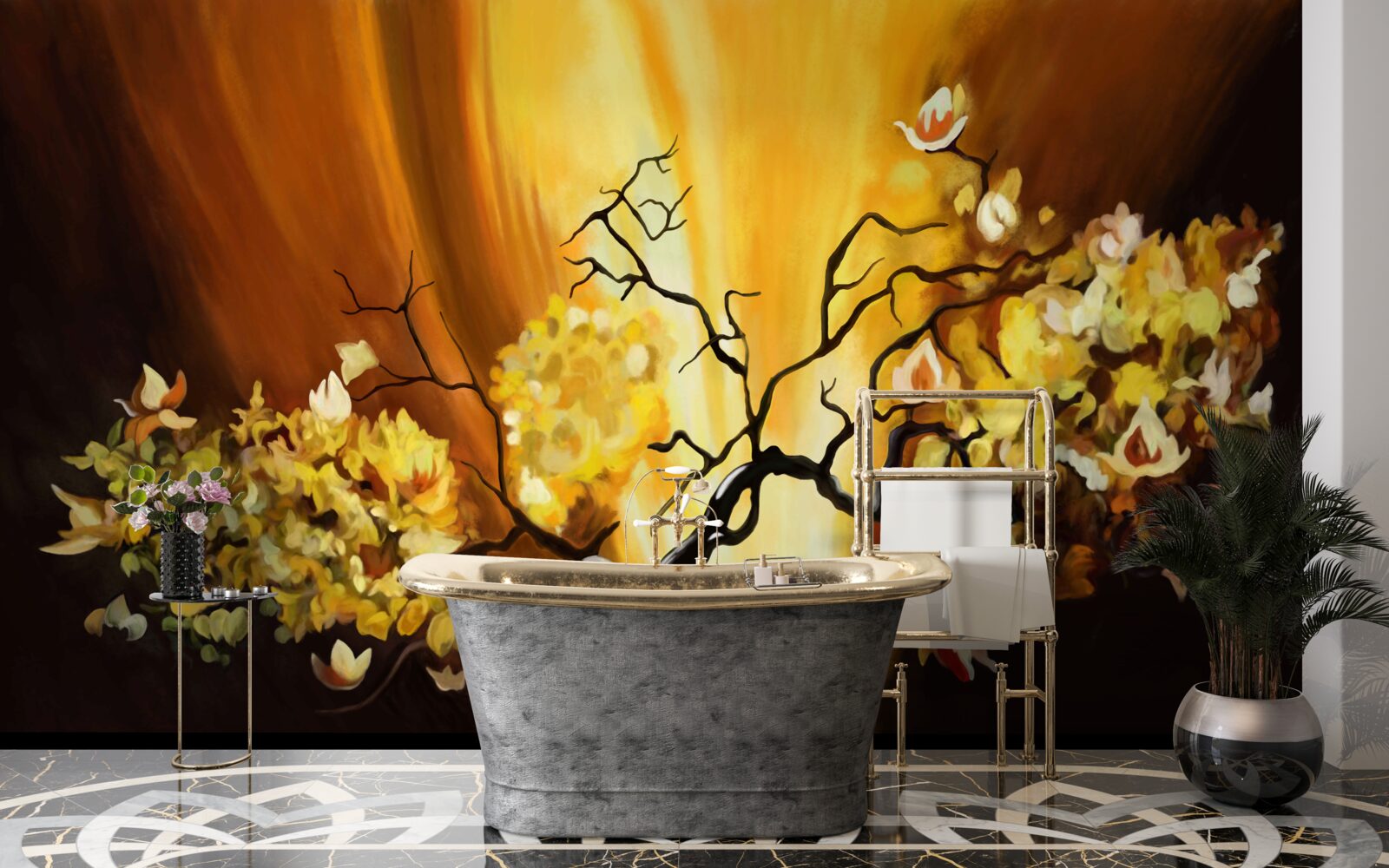 Fotobehang bloeiende boom aan de rand van de zonsondergang