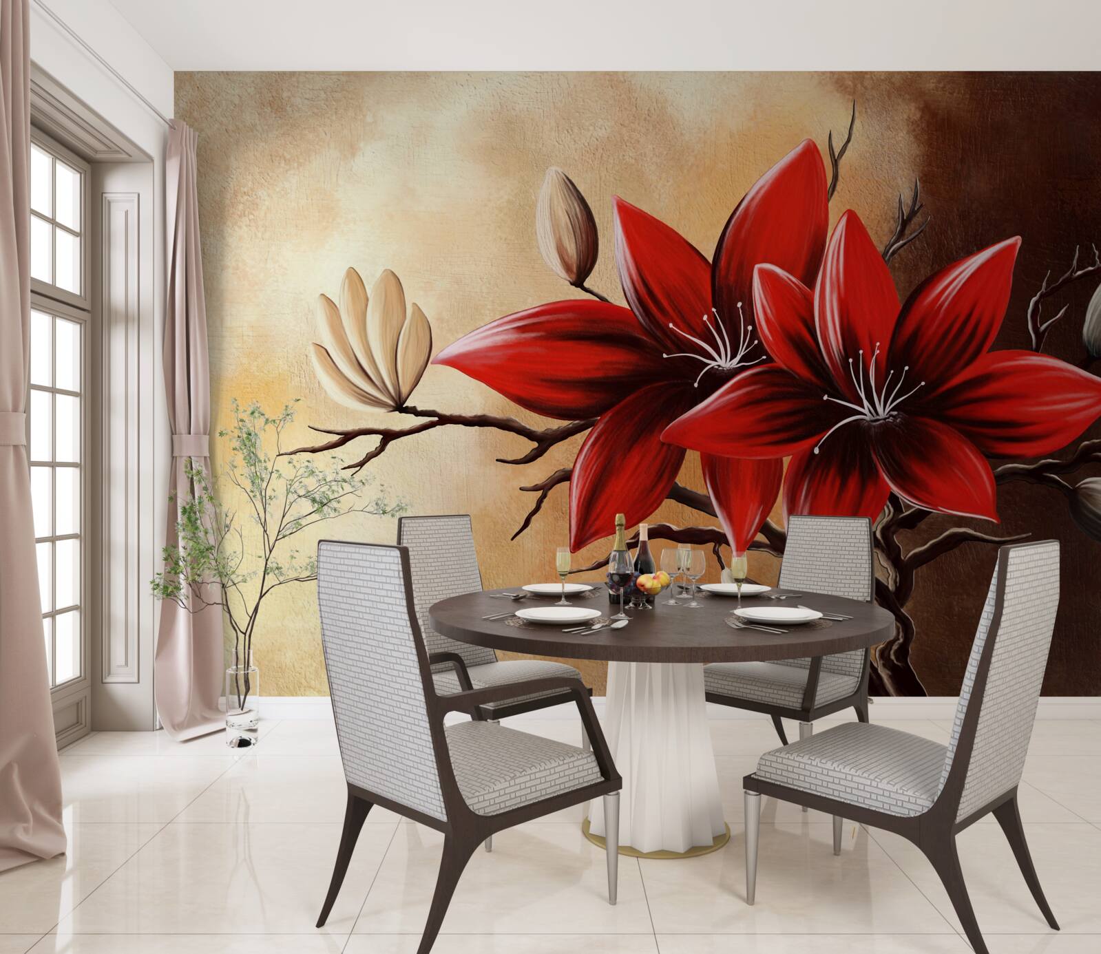 Fotobehang rode knoppen op een bruine achtergrond