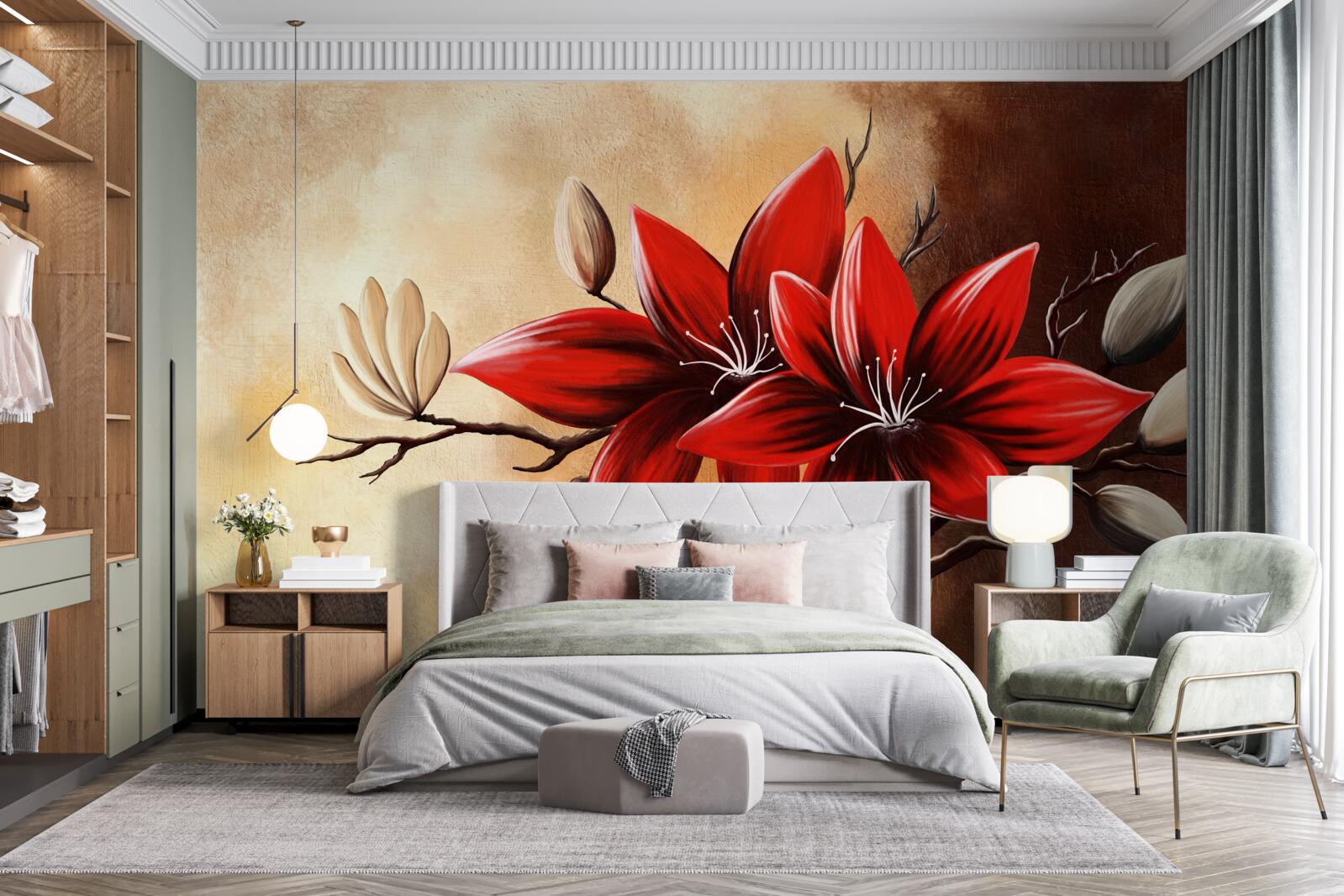 Fotobehang rode knoppen op een bruine achtergrond