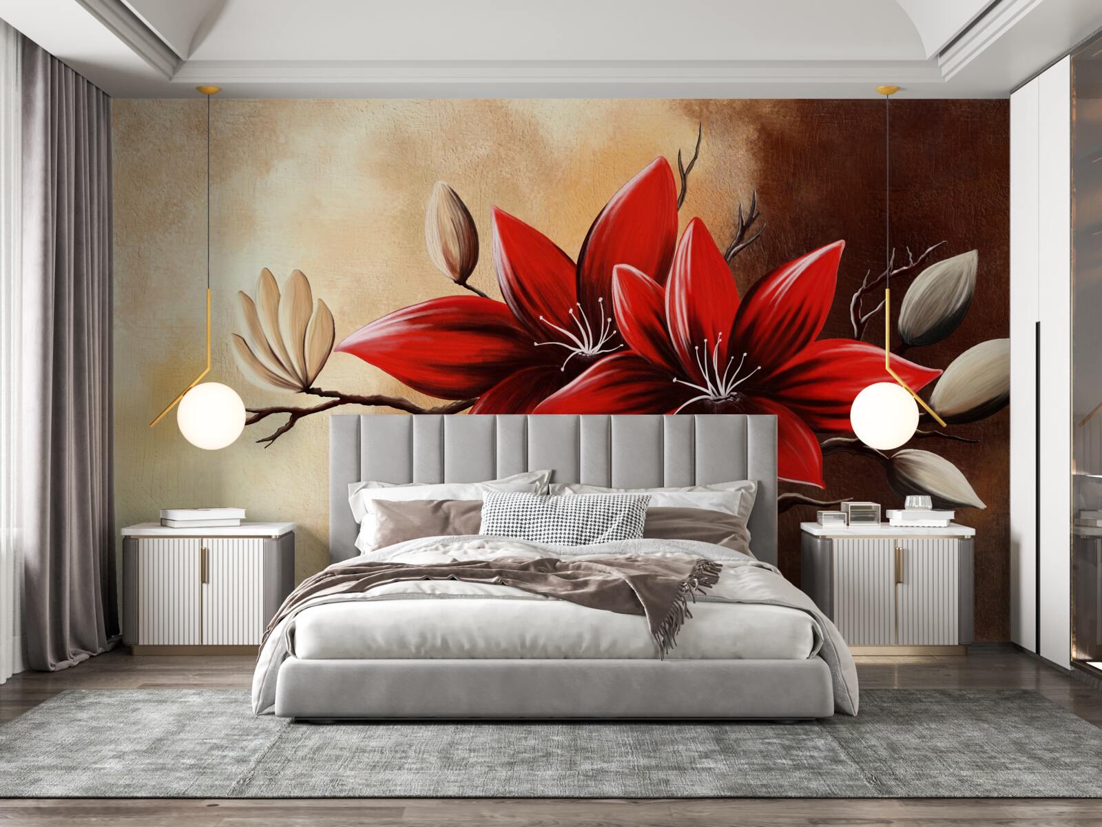 Fotobehang rode knoppen op een bruine achtergrond