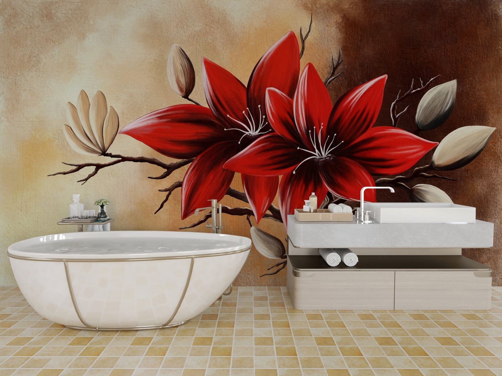 Fotobehang rode knoppen op een bruine achtergrond