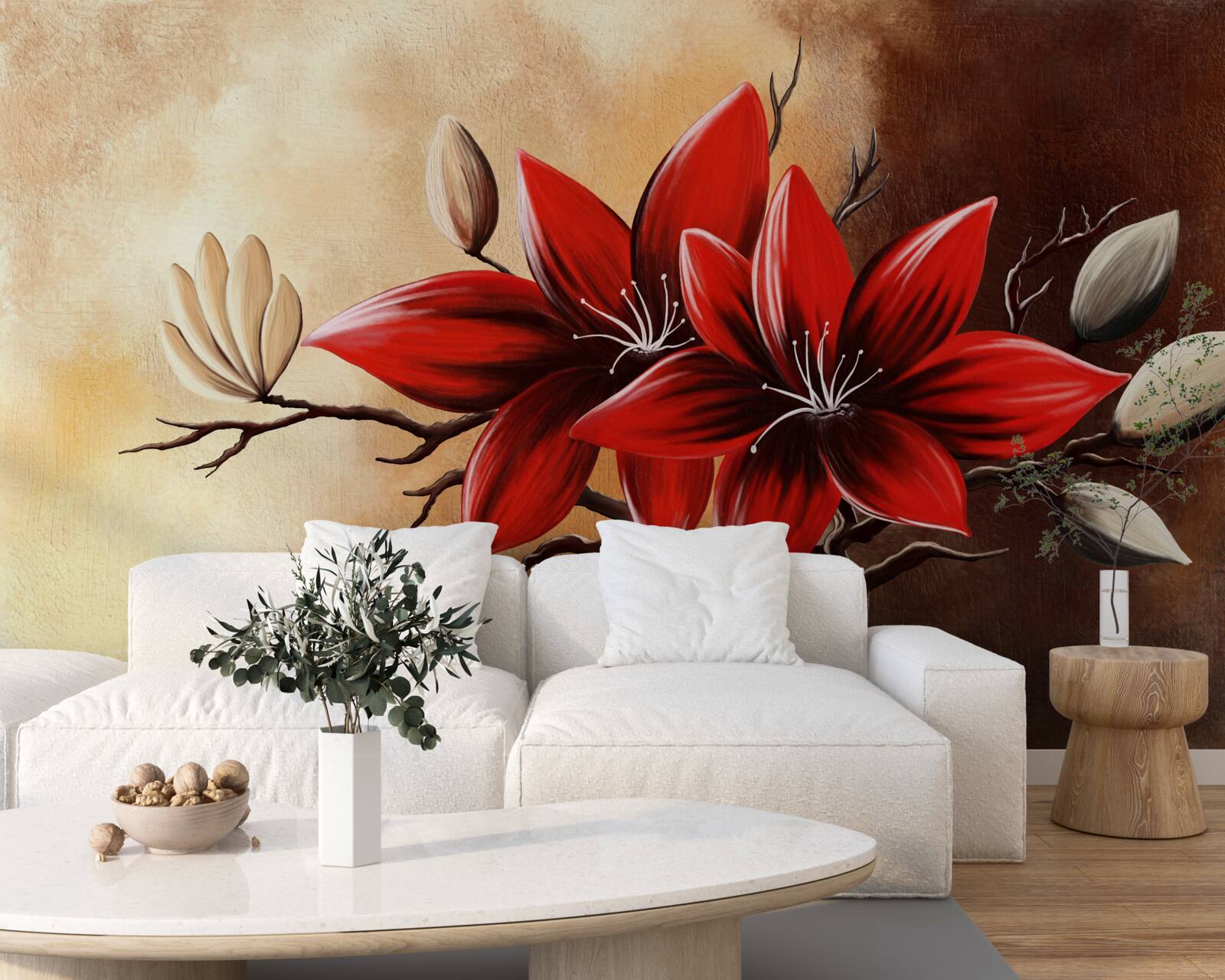 Fotobehang rode knoppen op een bruine achtergrond