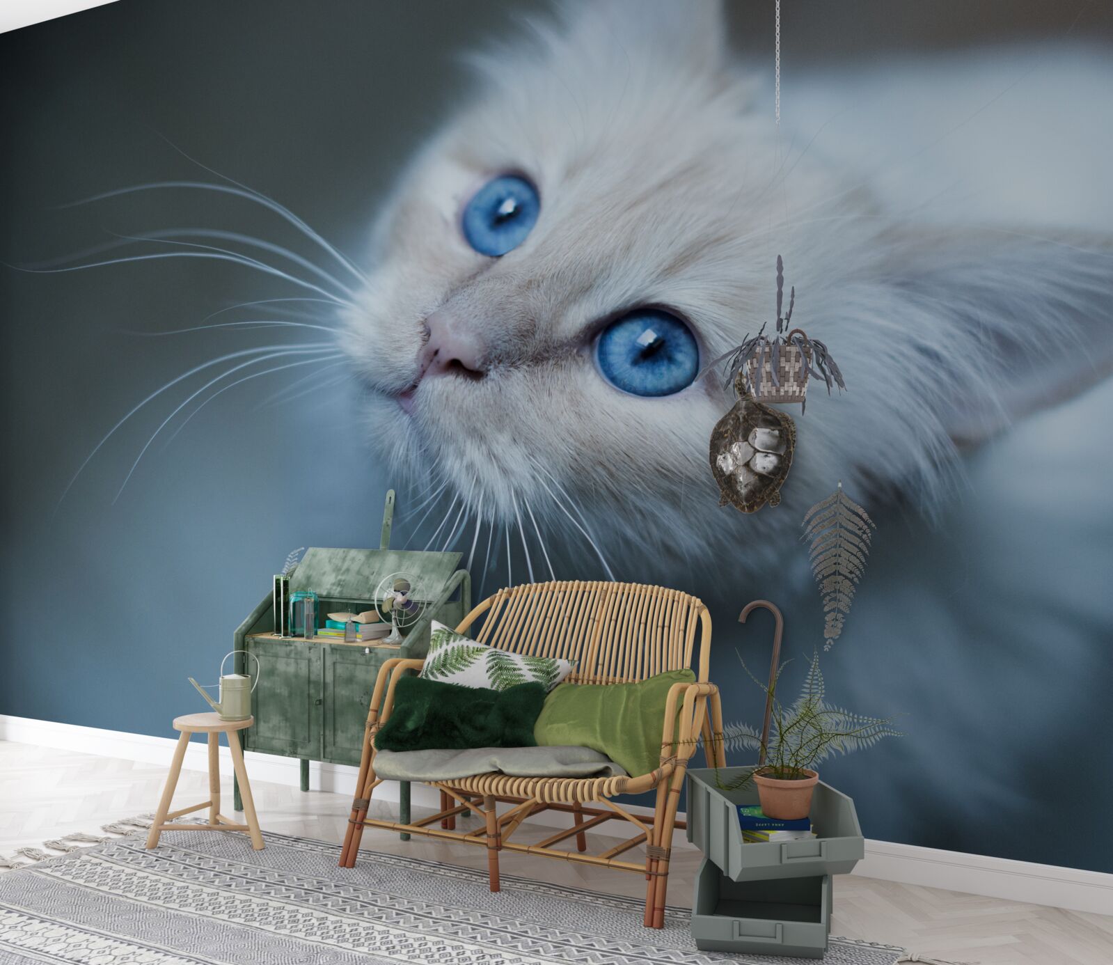 Fotobehang kitten met witte vacht en blauwe ogen