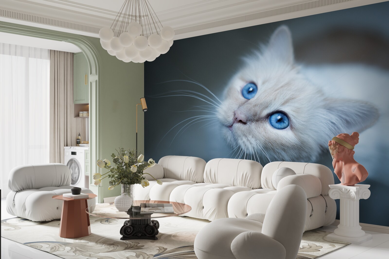 Fotobehang kitten met witte vacht en blauwe ogen