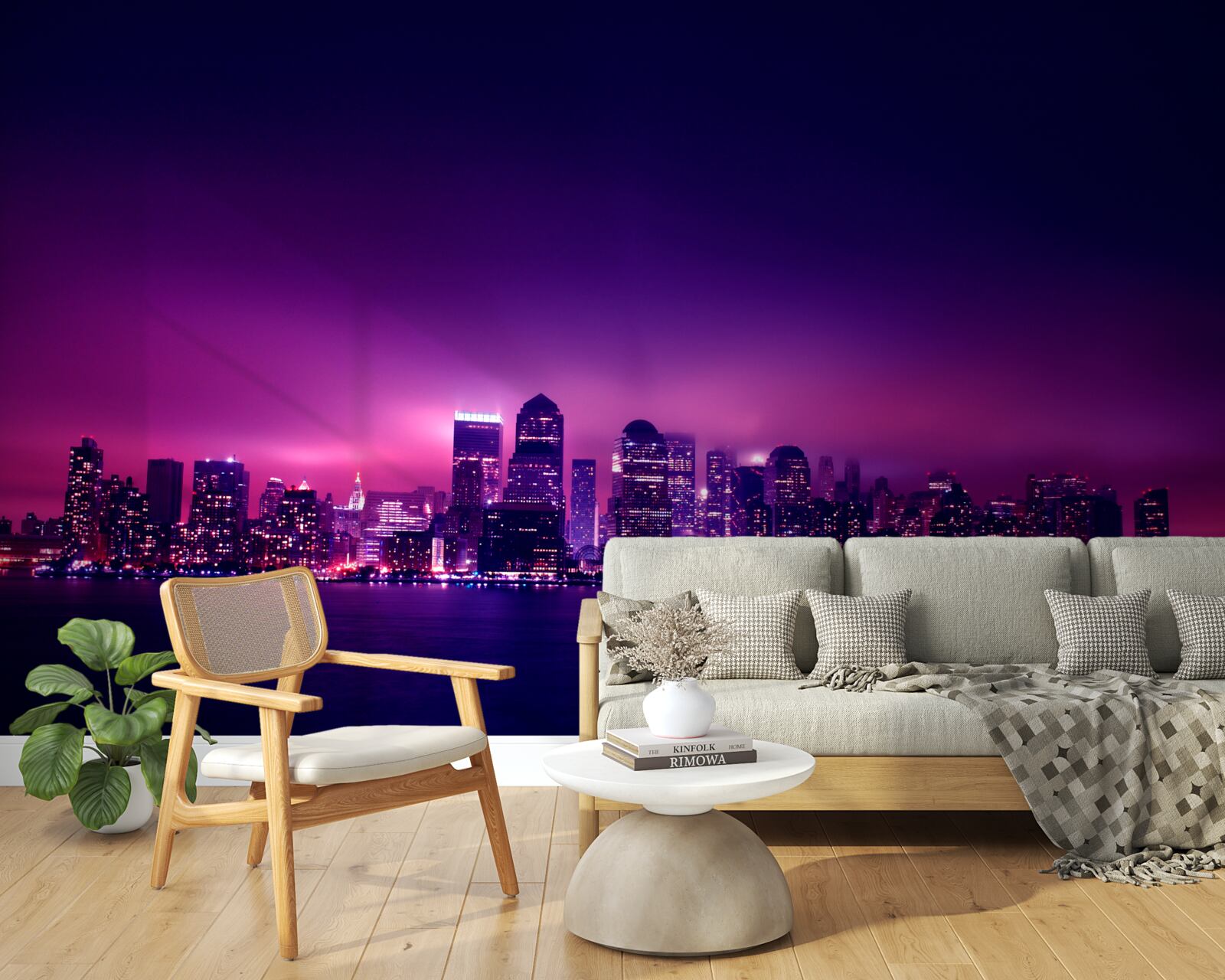 Fotobehang een lila gloed over een grote stad