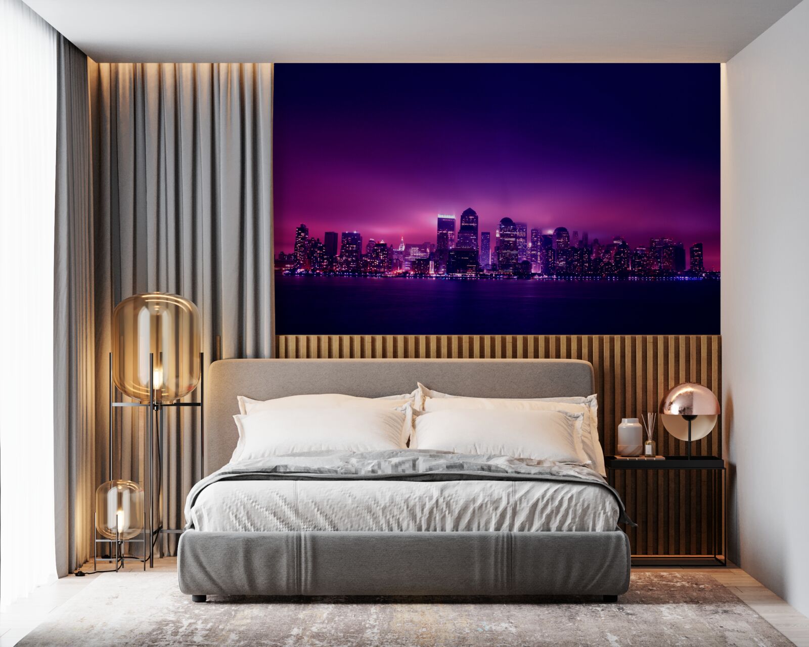 Fotobehang een lila gloed over een grote stad