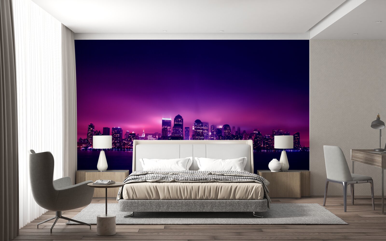 Fotobehang een lila gloed over een grote stad