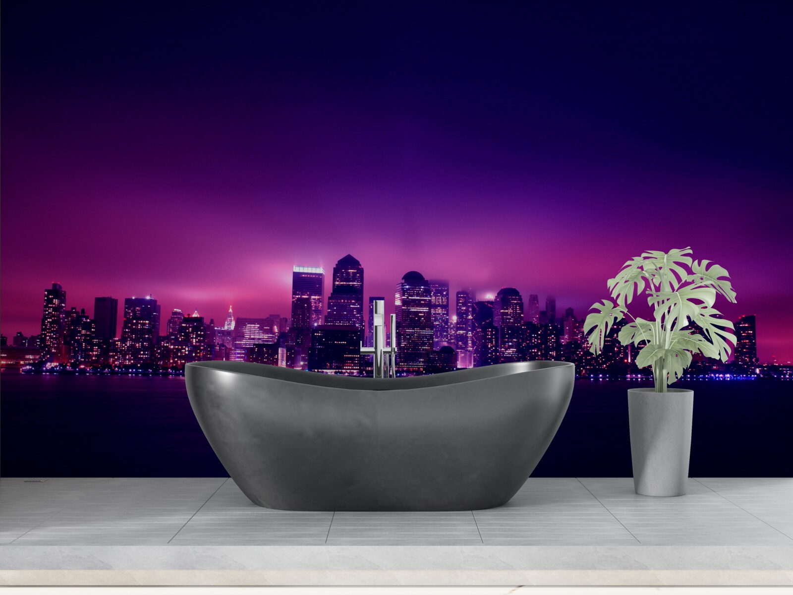 Fotobehang een lila gloed over een grote stad