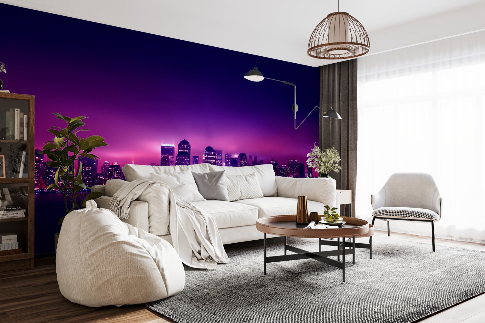 Fotobehang een lila gloed over een grote stad