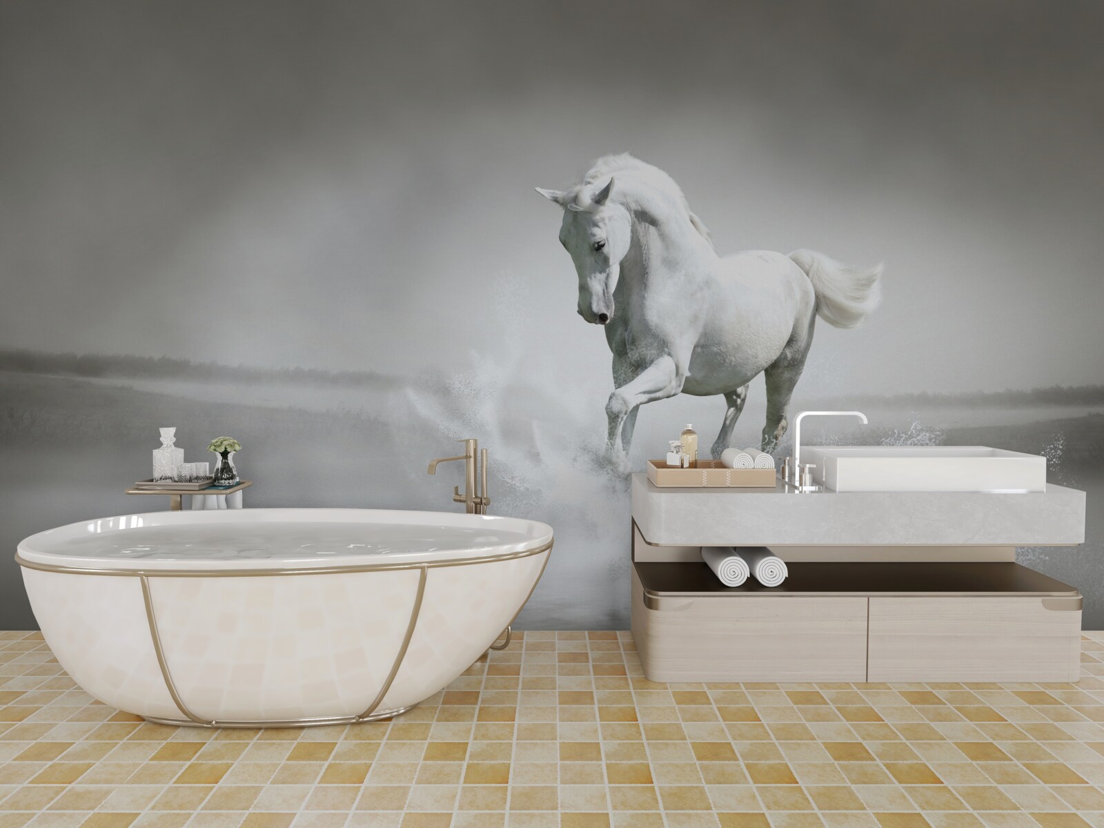 Fotobehang het luide gebrul van een sneeuwwit paard dat met zijn voeten tegen het vocht trommelt