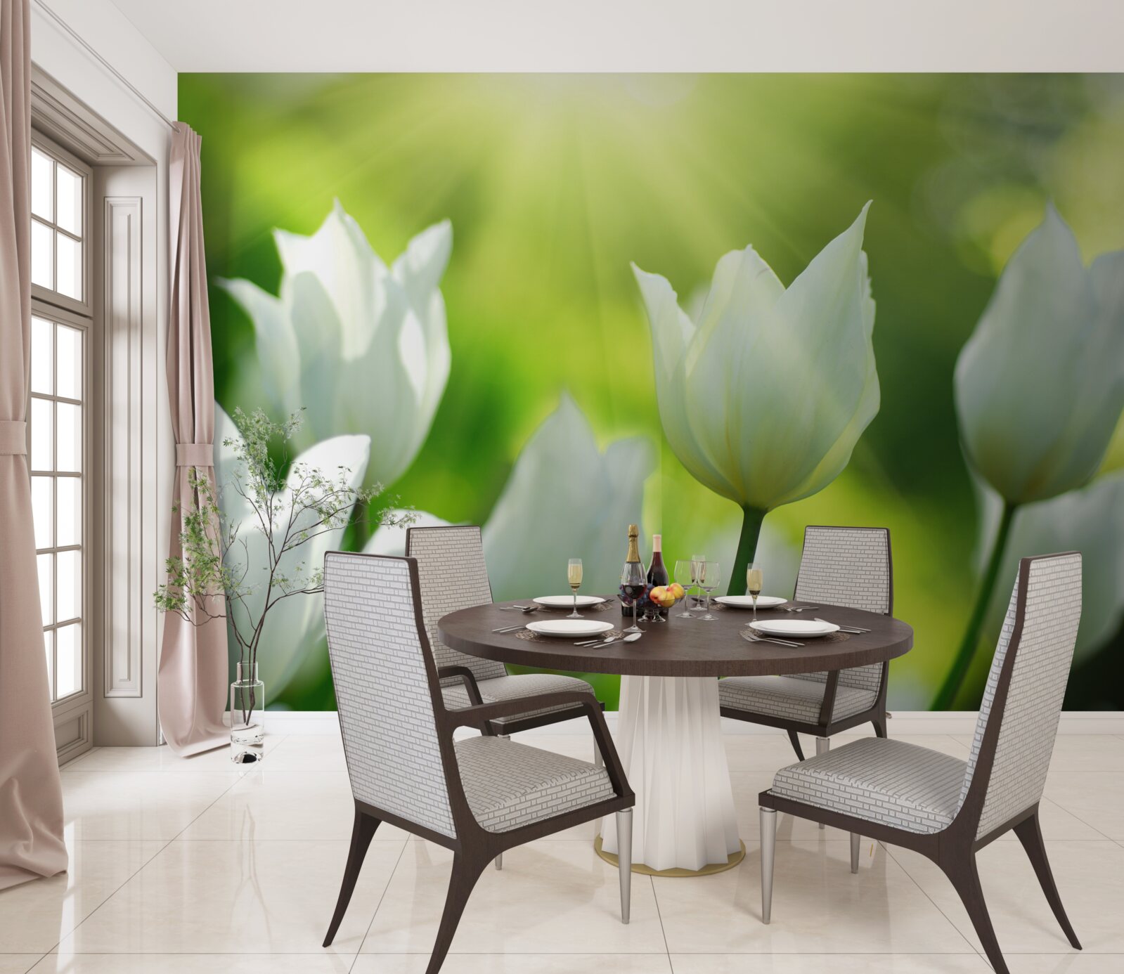 Fotobehang Sneeuwwitte tulpen onder de zon