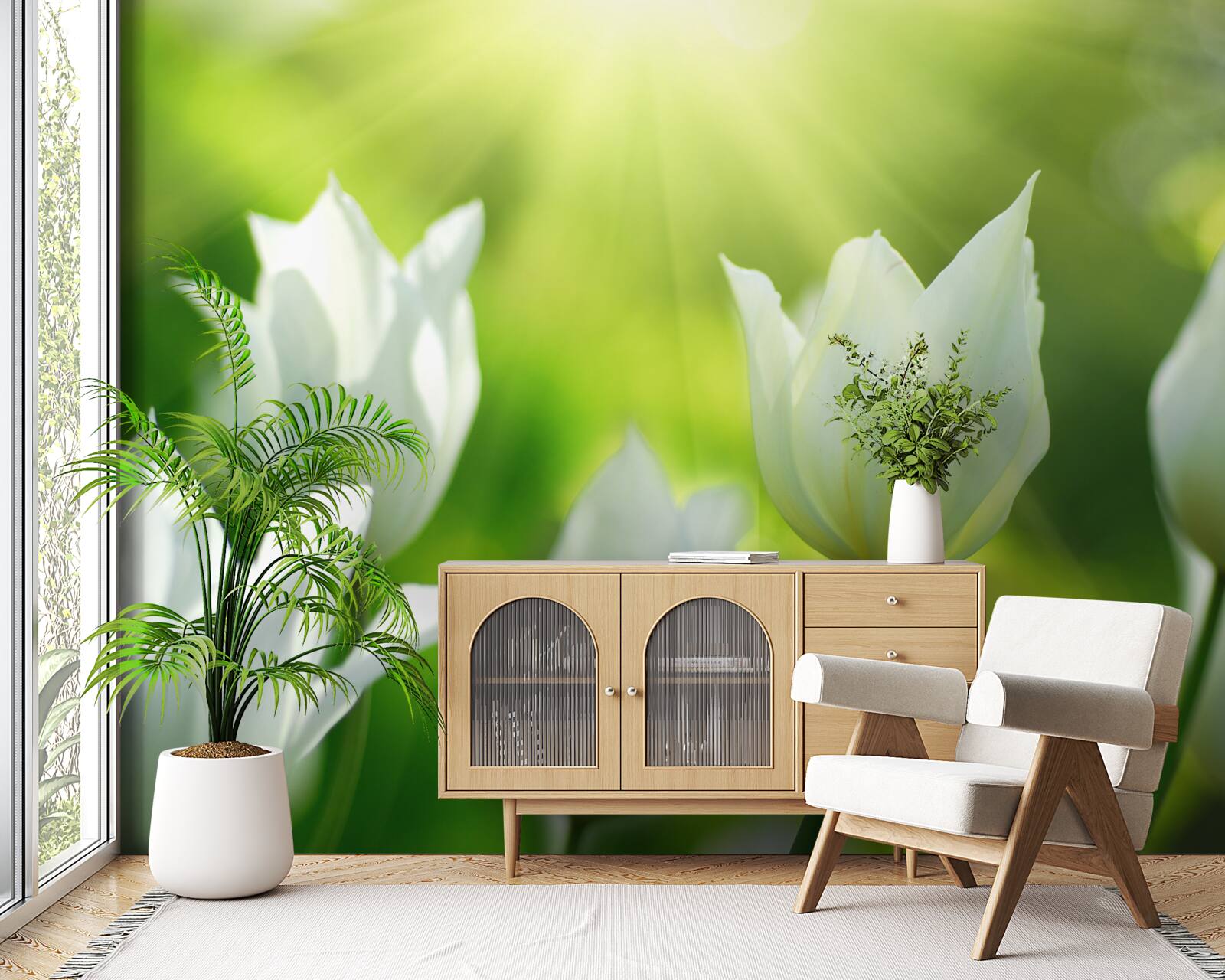 Fotobehang Sneeuwwitte tulpen onder de zon