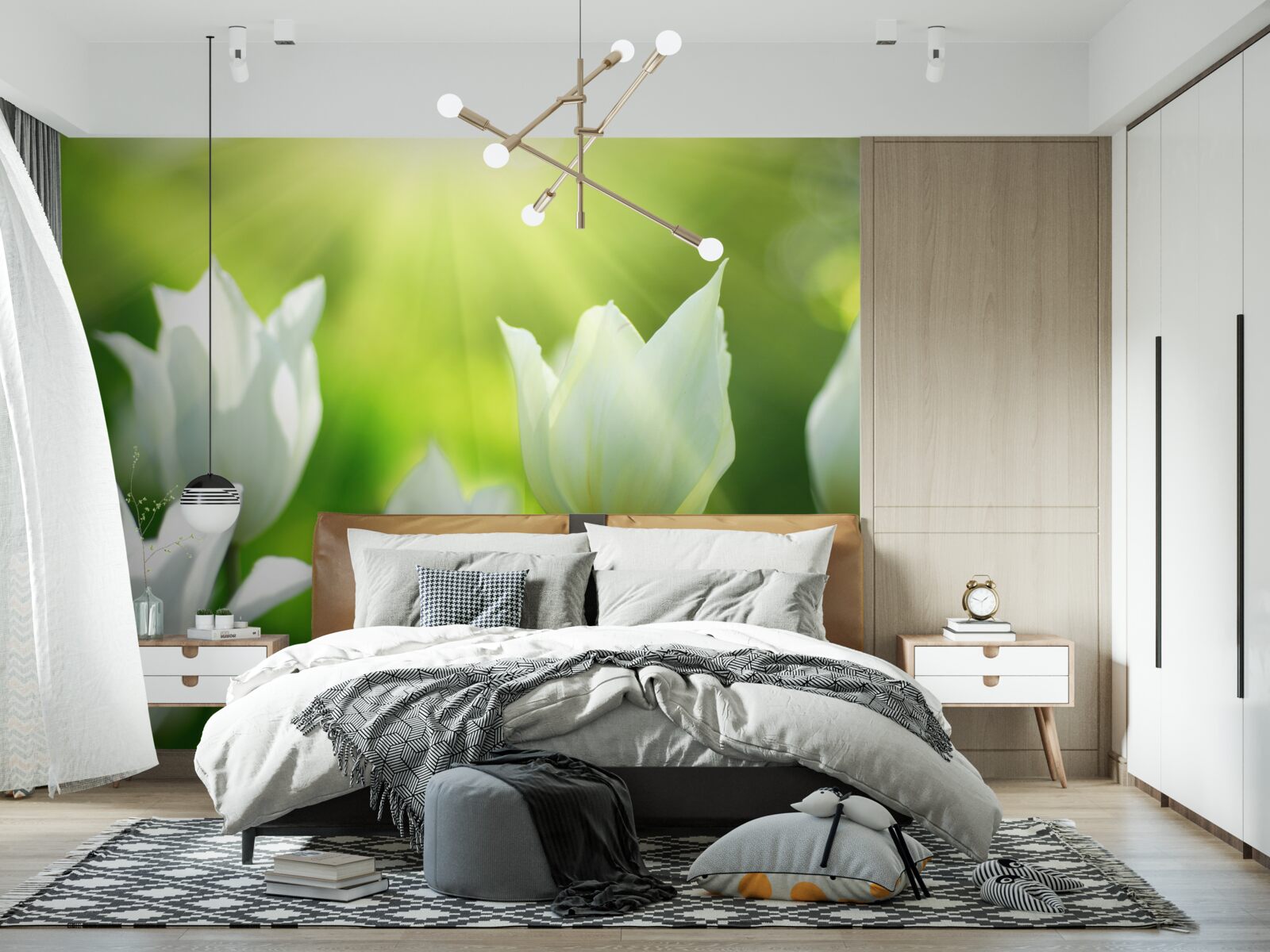 Fotobehang Sneeuwwitte tulpen onder de zon