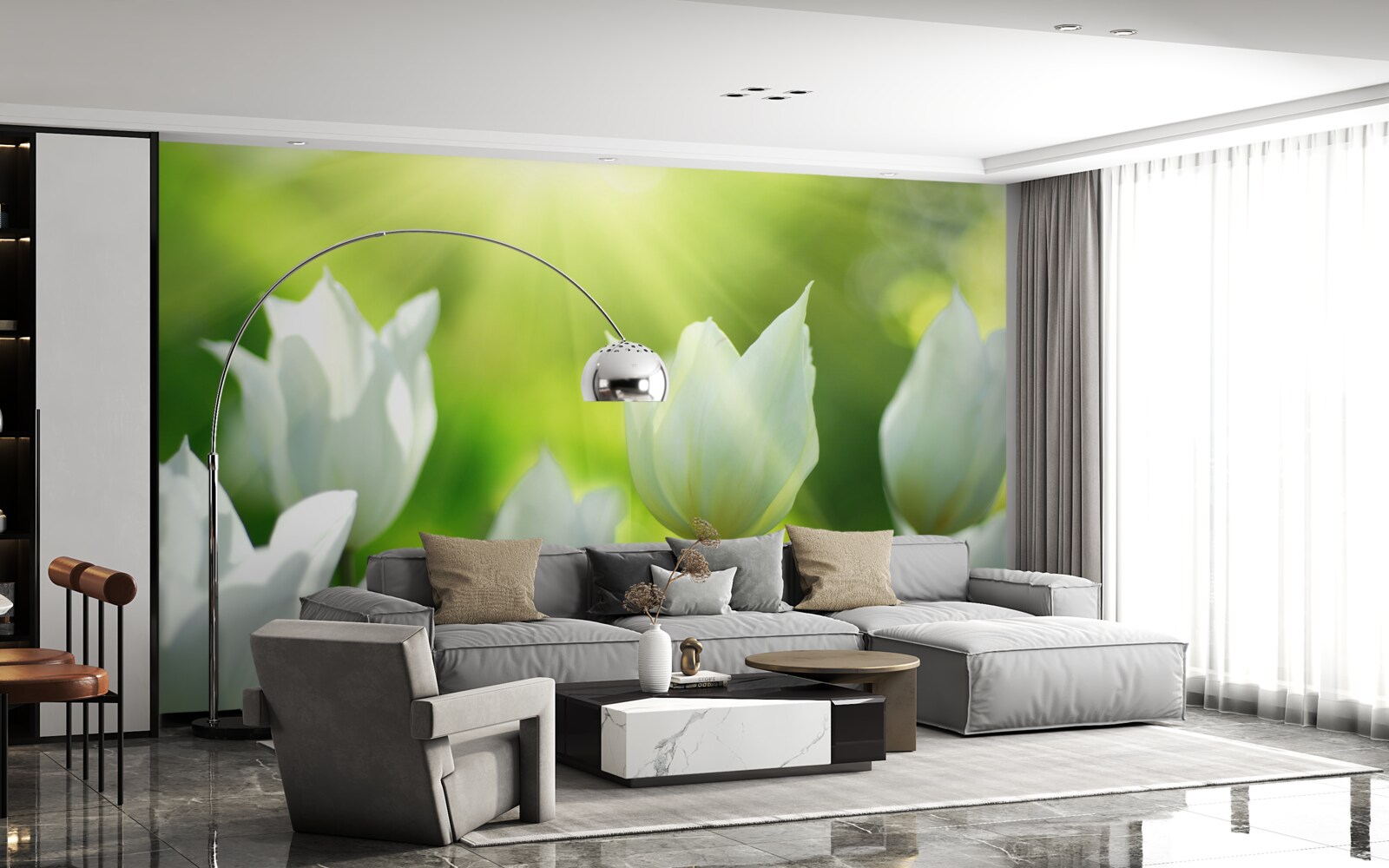 Fotobehang Sneeuwwitte tulpen onder de zon