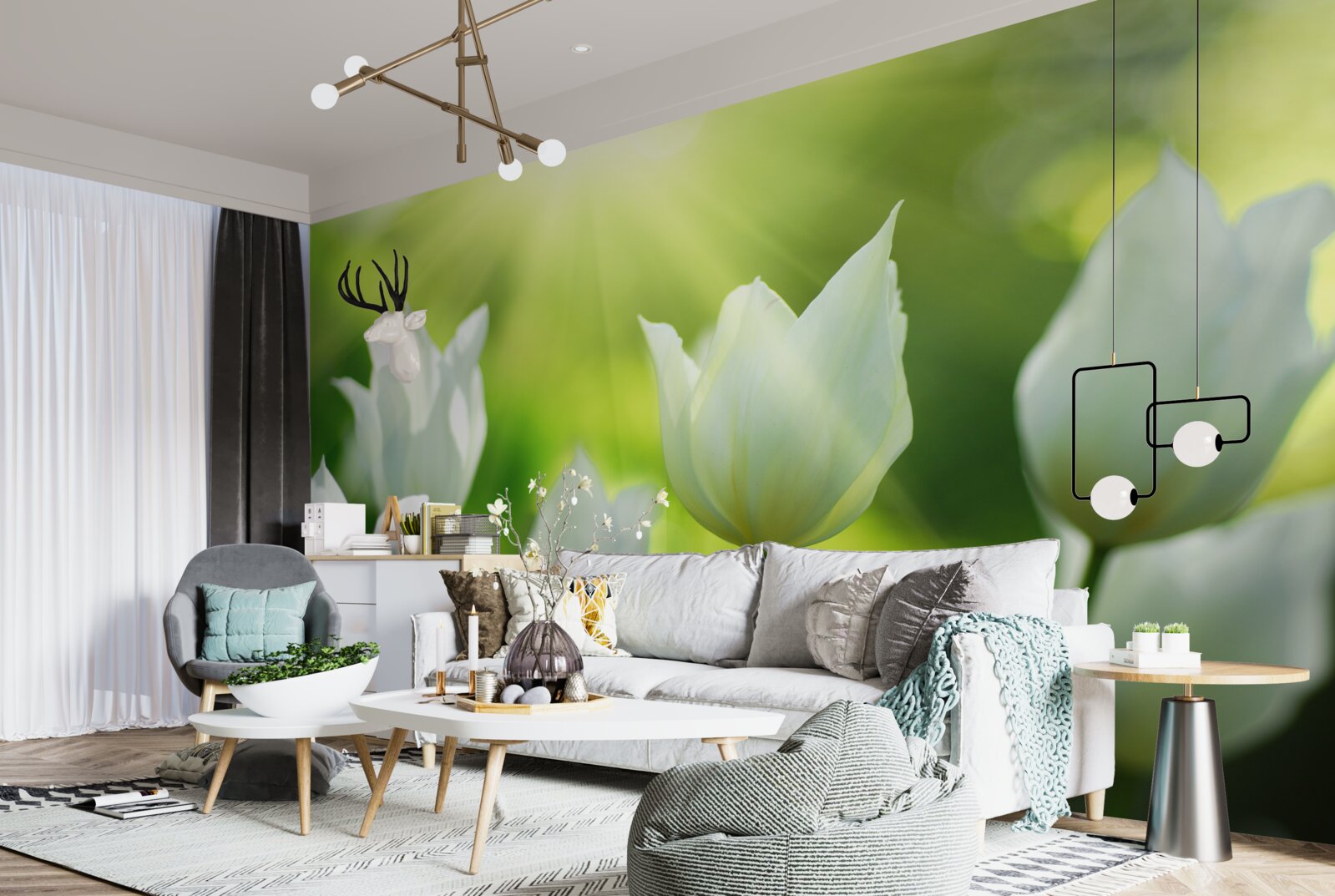 Fotobehang Sneeuwwitte tulpen onder de zon