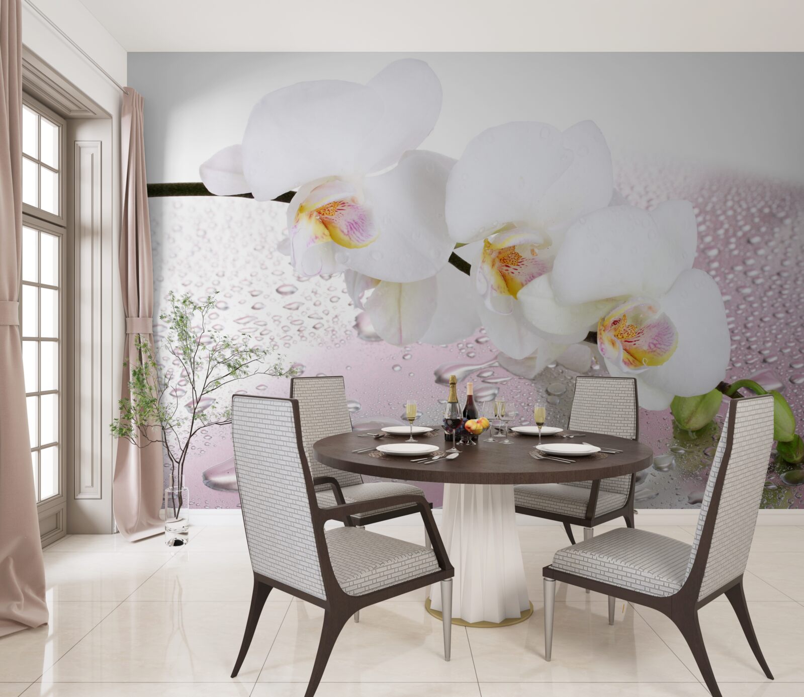 Fotobehang natte witte orchideeëntak versierd met waterdruppels