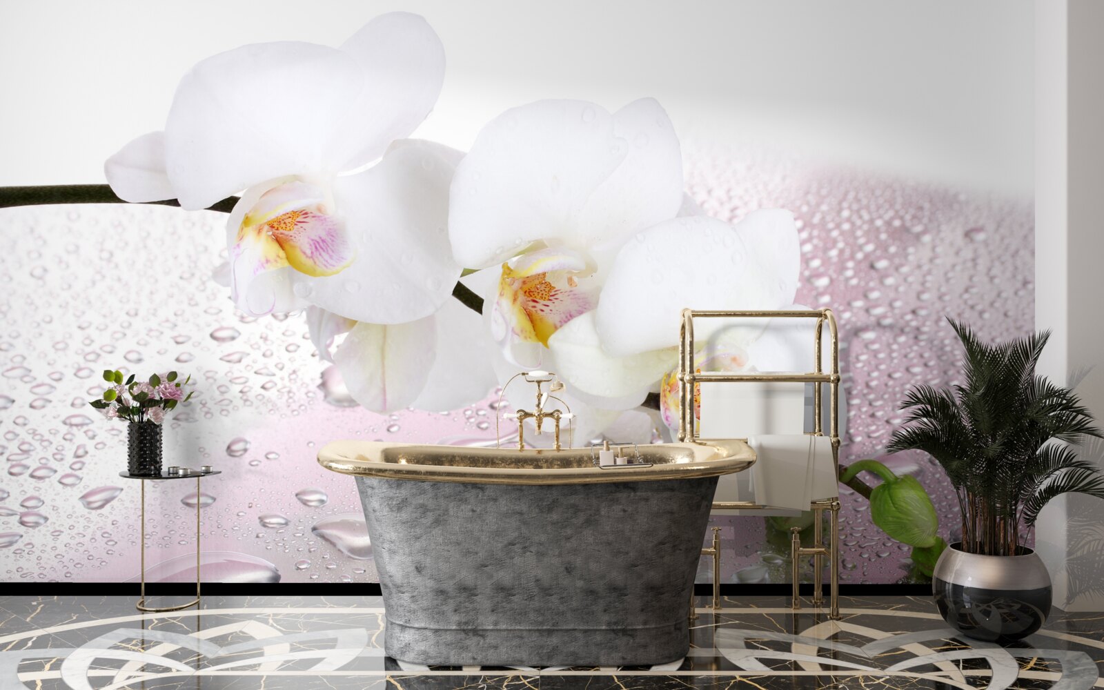 Fotobehang natte witte orchideeëntak versierd met waterdruppels