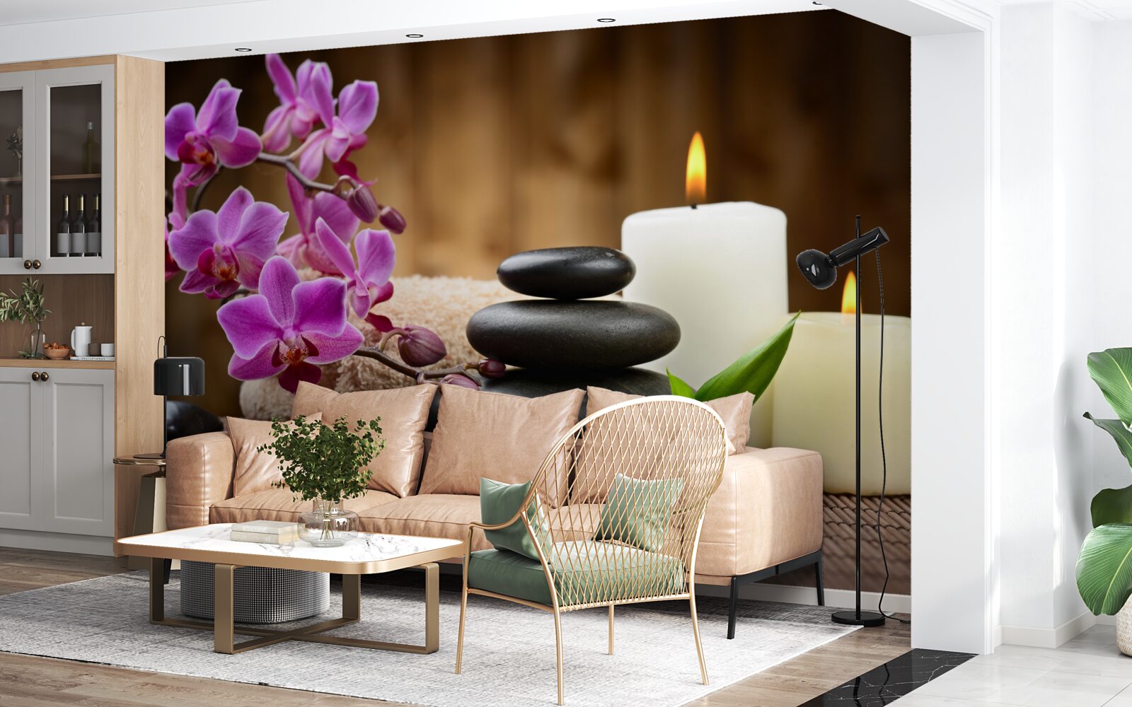 Fotobehang orchidee omringd door kaarsen en stenen