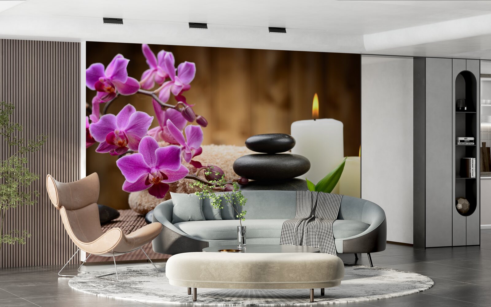 Fotobehang orchidee omringd door kaarsen en stenen