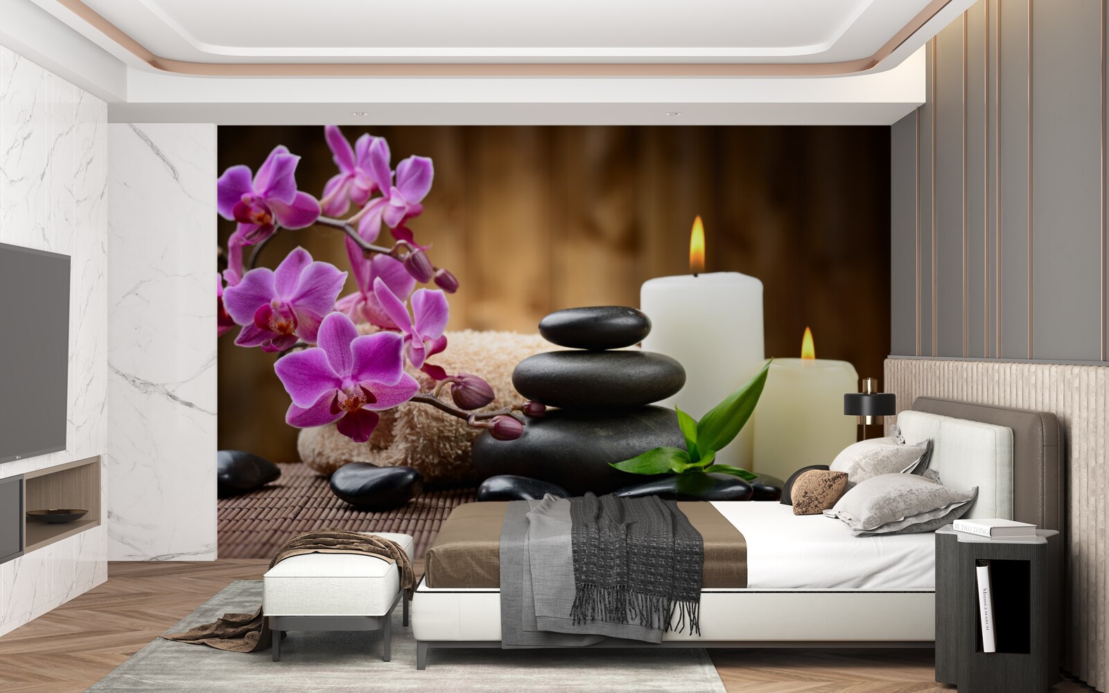 Fotobehang orchidee omringd door kaarsen en stenen