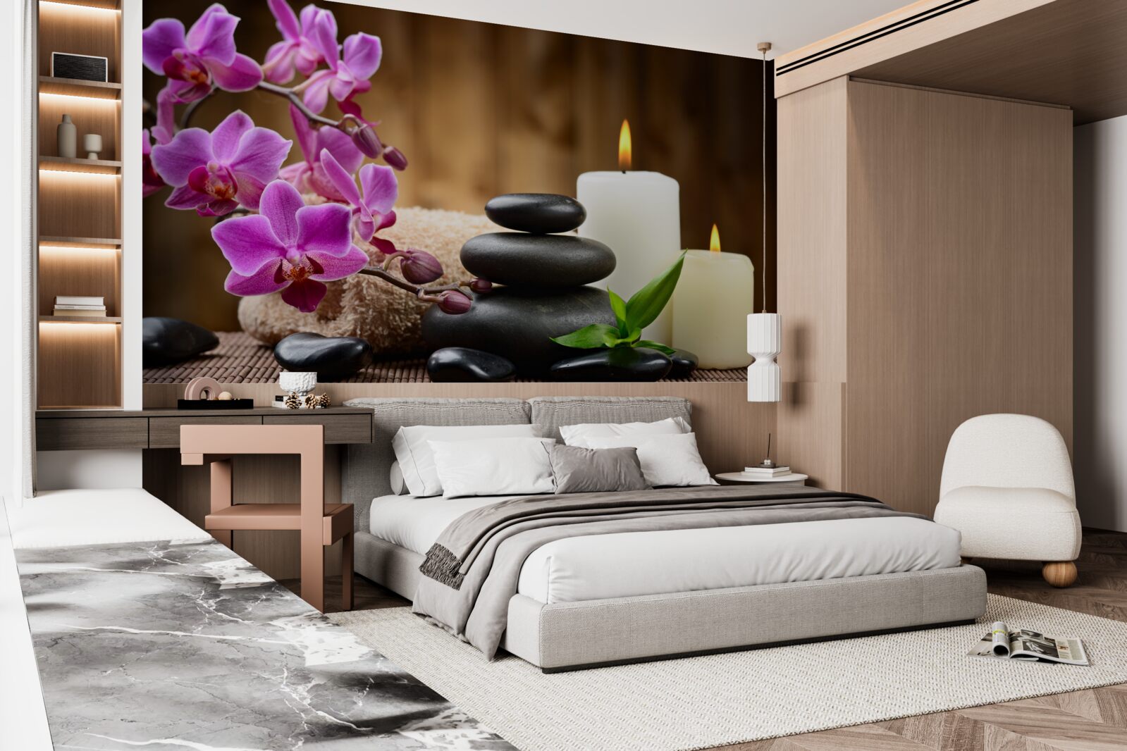 Fotobehang orchidee omringd door kaarsen en stenen