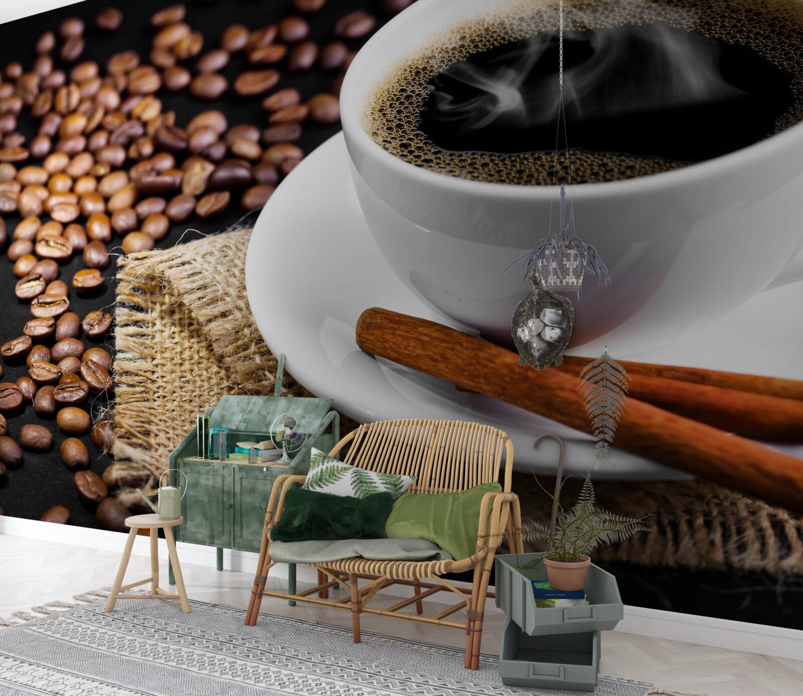 Fotobehang kopje koffie met takjes kaneel