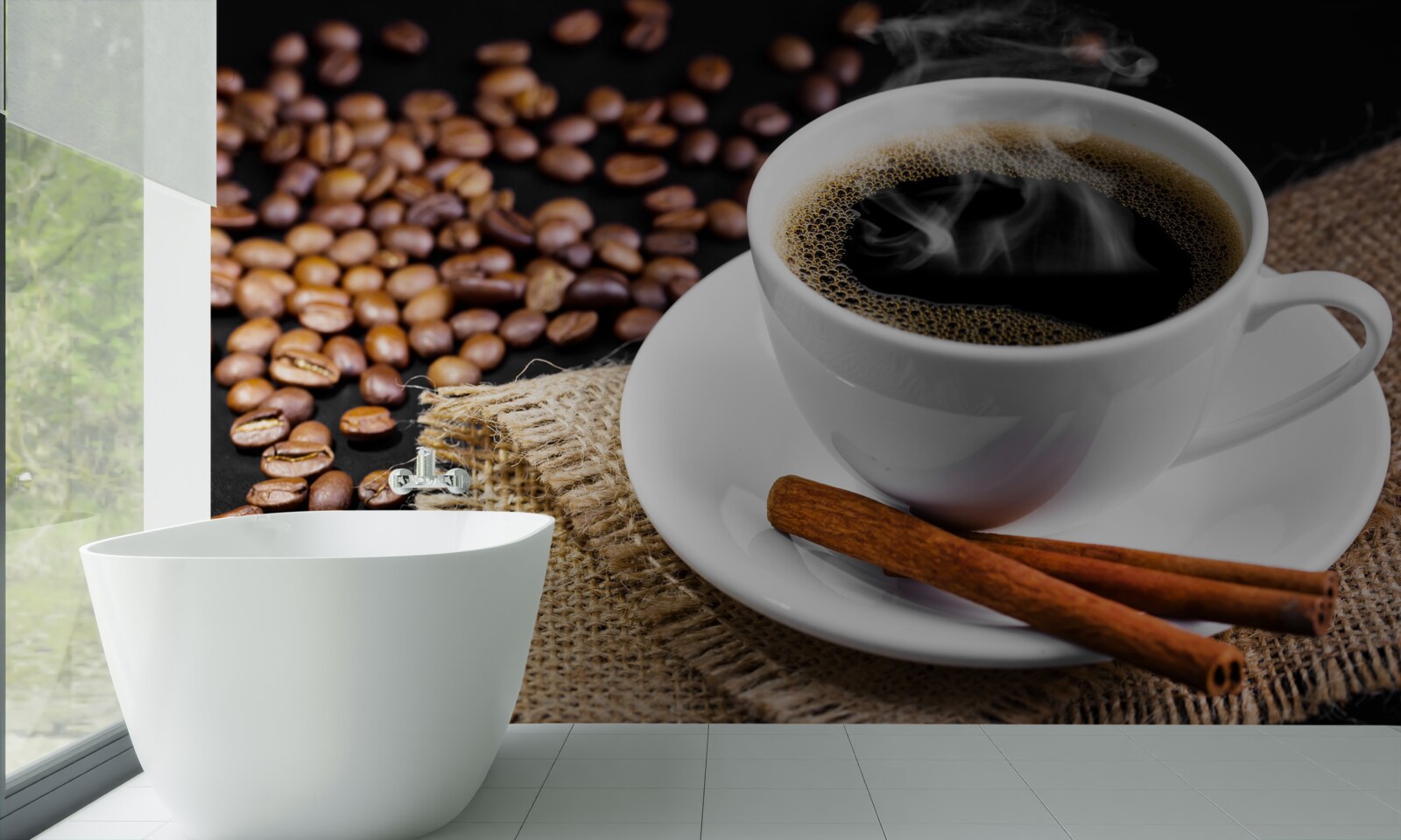 Fotobehang kopje koffie met takjes kaneel