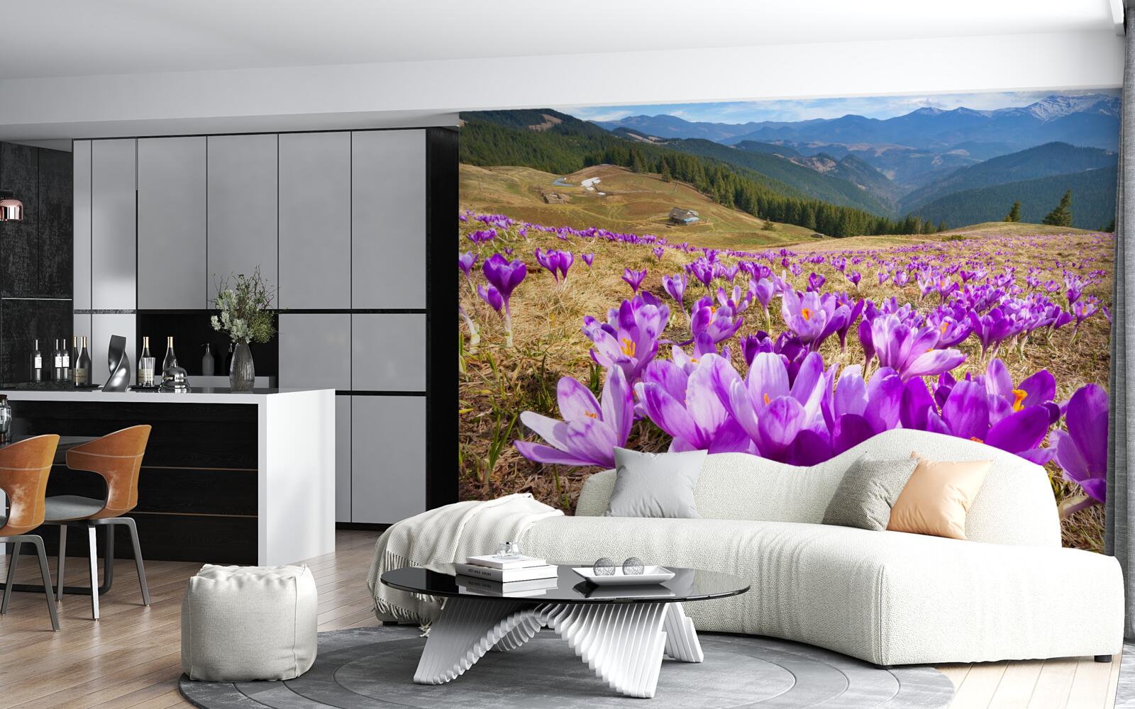 Fotobehang bergkrokussen zijn paars