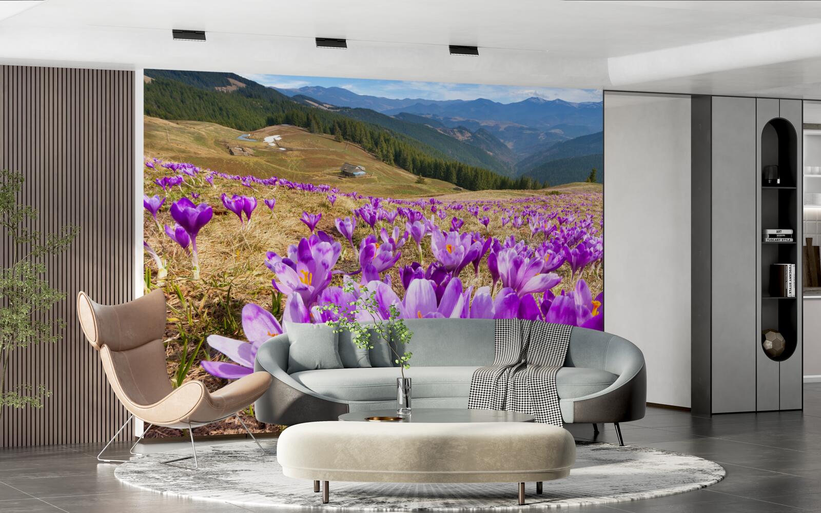 Fotobehang bergkrokussen zijn paars
