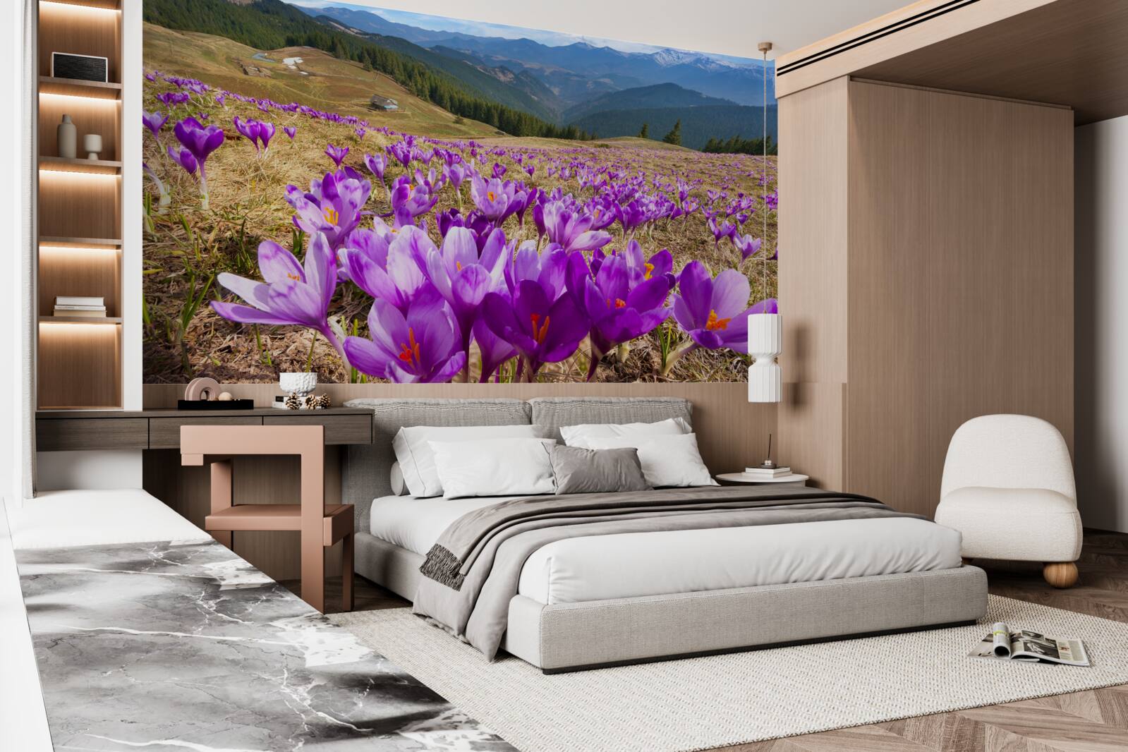 Fotobehang bergkrokussen zijn paars