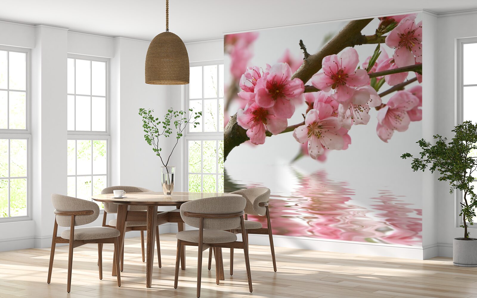 Fotobehang roze sakura tak hangend boven water