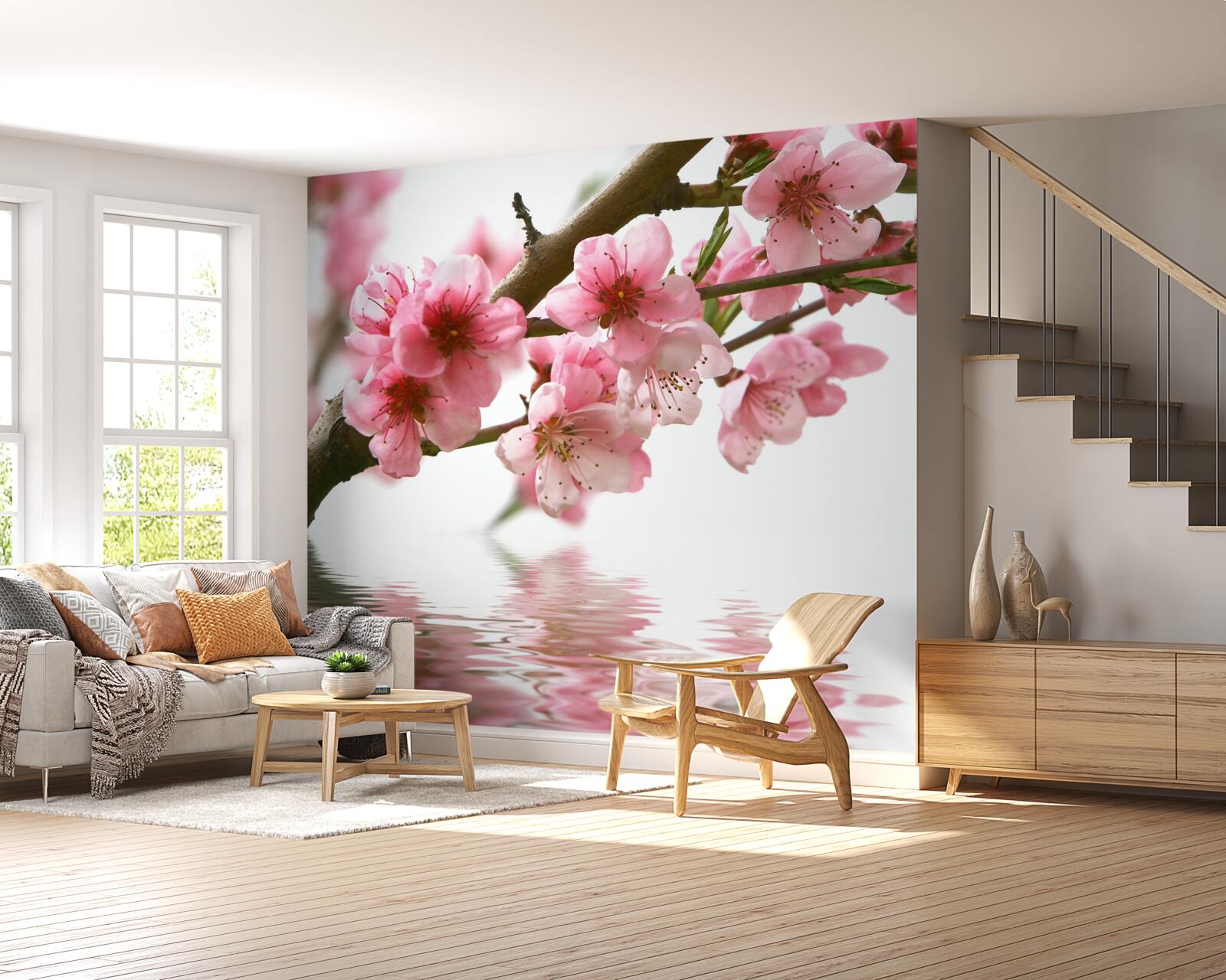 Fotobehang roze sakura tak hangend boven water
