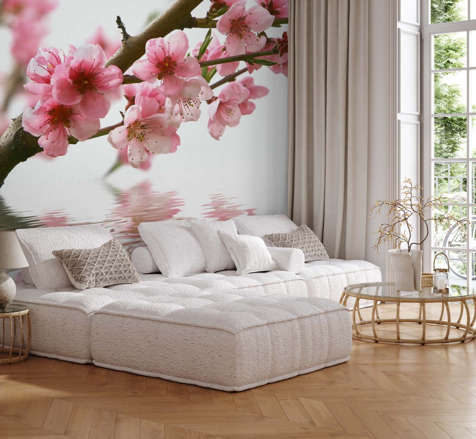 Fotobehang roze sakura tak hangend boven water