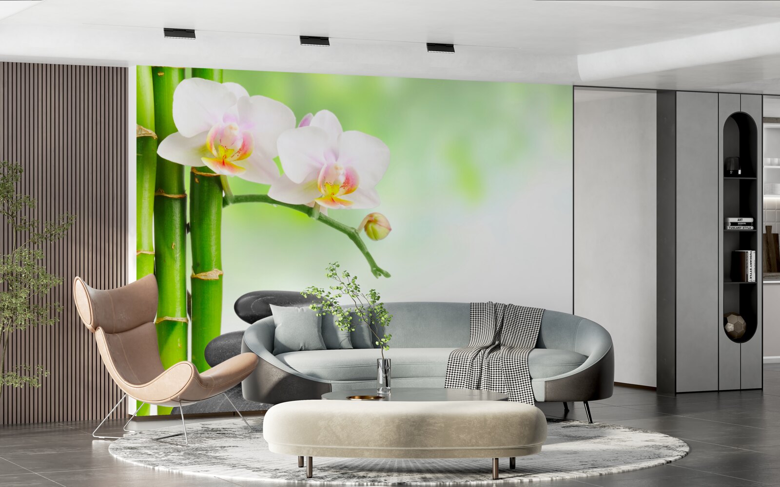 Fotobehang witte orchidee, stenen en bamboe