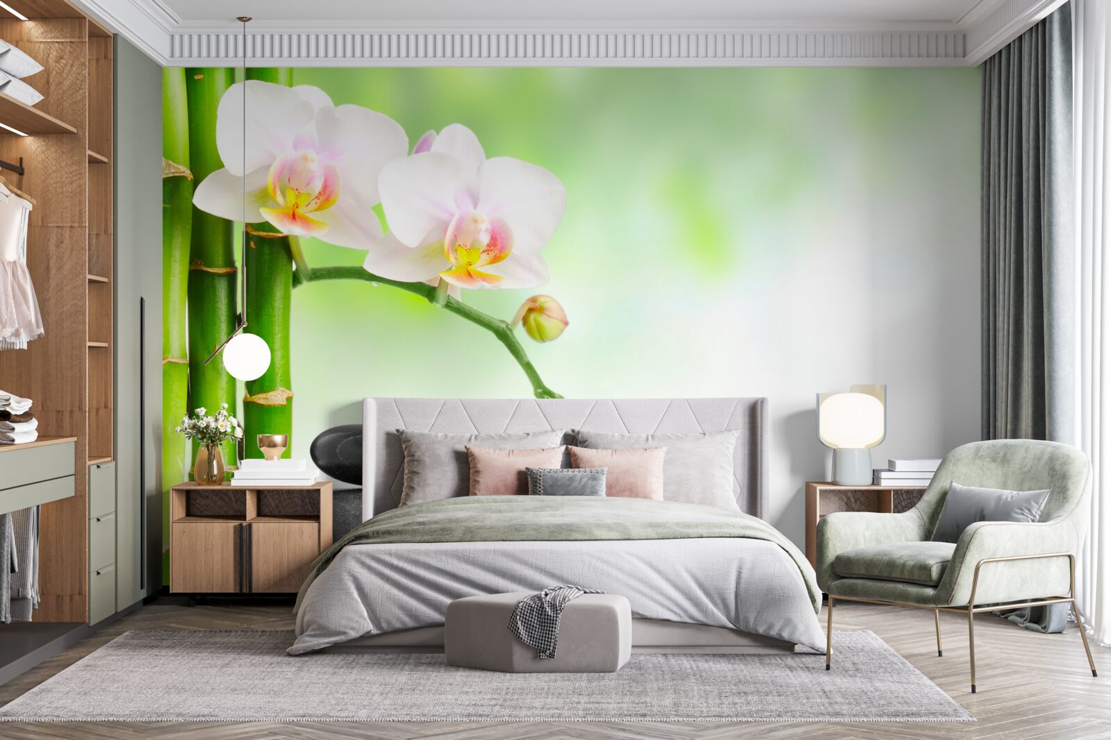 Fotobehang witte orchidee, stenen en bamboe