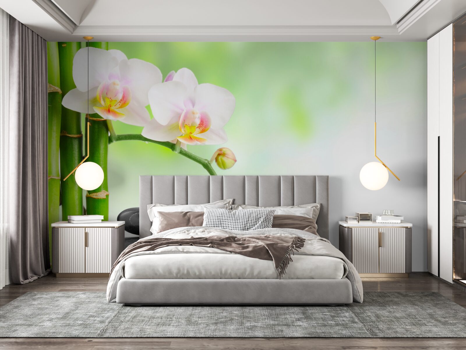 Fotobehang witte orchidee, stenen en bamboe