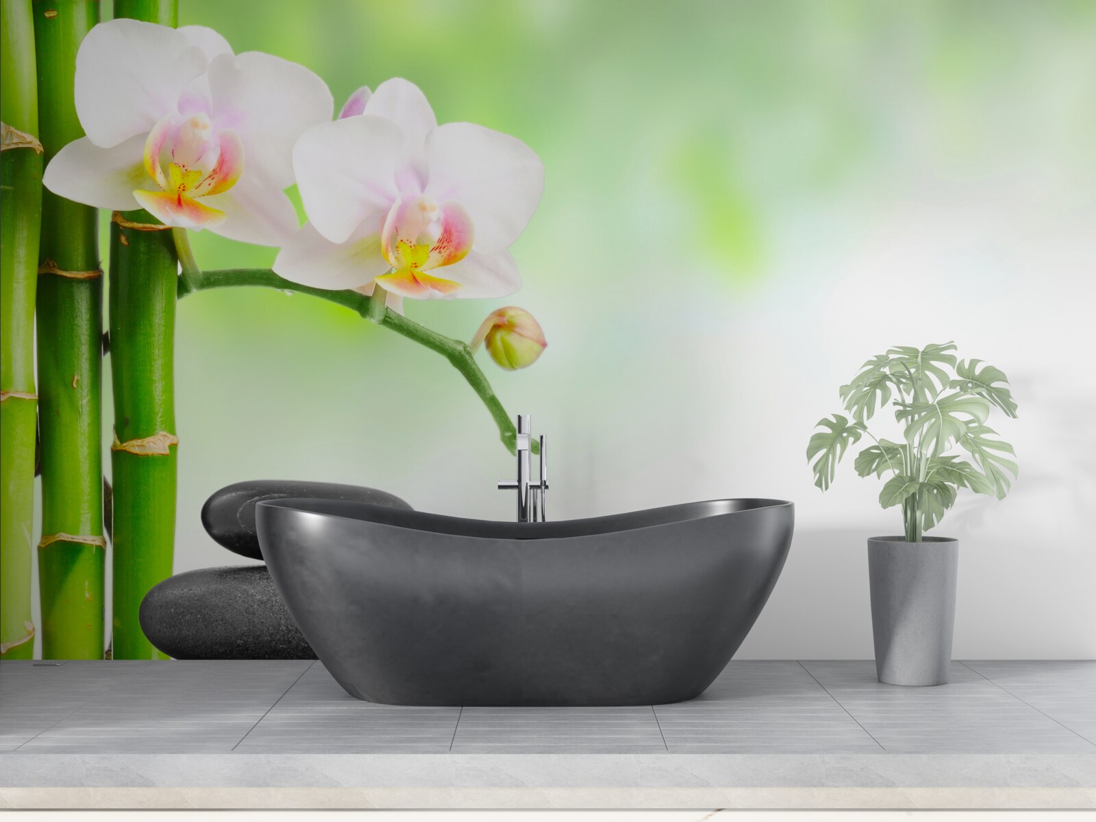 Fotobehang witte orchidee, stenen en bamboe