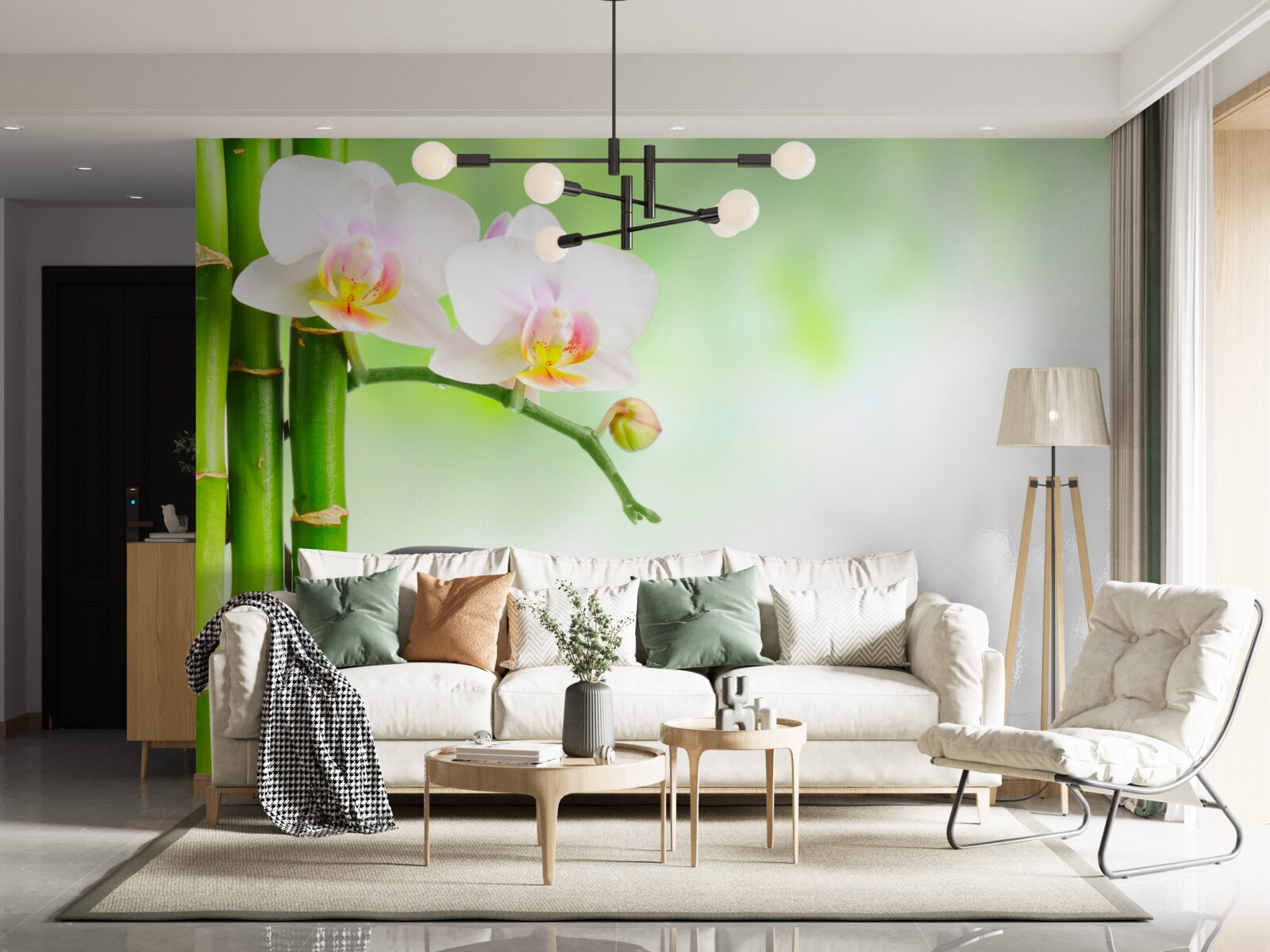 Fotobehang witte orchidee, stenen en bamboe